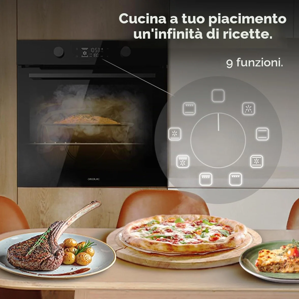 Cecotec Forno da Incasso Multifunzione Pirolitico Bolero Hexa P526000 Glass Black A. 2800W, 73L, 9 funzioni: Defrost, Convenzionale, Grill, Pirolisi. Display Touch, Cooling Fan, Porta Vetro, Classe A