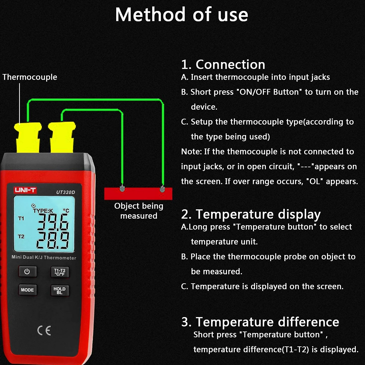 UT320D Mini Termometro Dual-channel K/J Termocoppia con retroilluminazione LCD