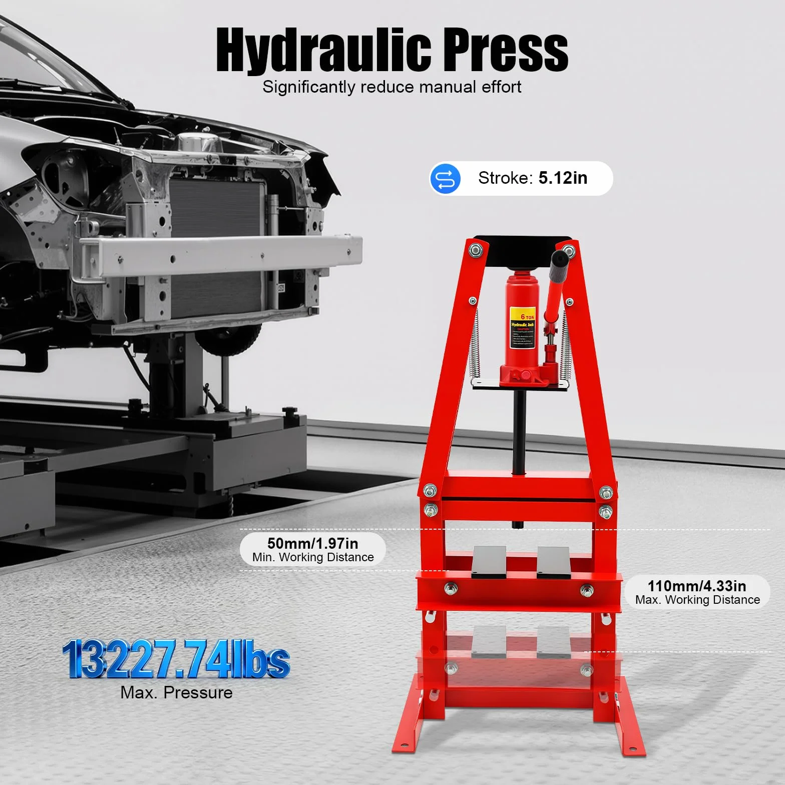 Pressa idraulica Officina 6 tonnellate, Pressa da officina idraulica per auto, Manuale Pressa idraulica Garage, Per la lavorazione dei metalli e riparazione auto, Impugnatura ergonomica