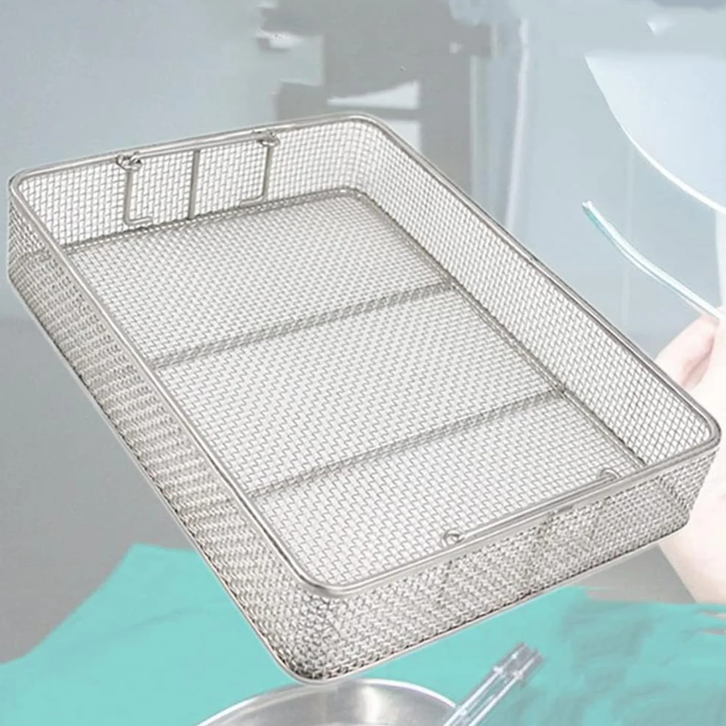 Cestello in rete in acciaio inossidabile per sterilizzazione e disinfezione degli strumenti in ambienti medici e dentali