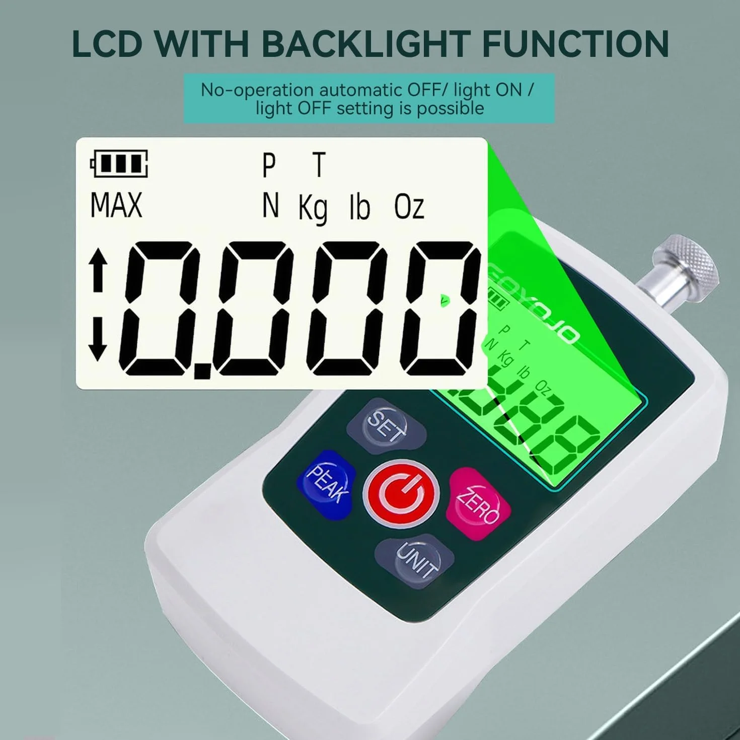 GOYOJO Misuratore di Forza Digitale, Misuratore Push-pull di Alta Precisione per Prove di Trazione e Compressione Unità (N, kg, lb, oz) Modalità Tempo Reale/Picco/Primo Picco (500N)