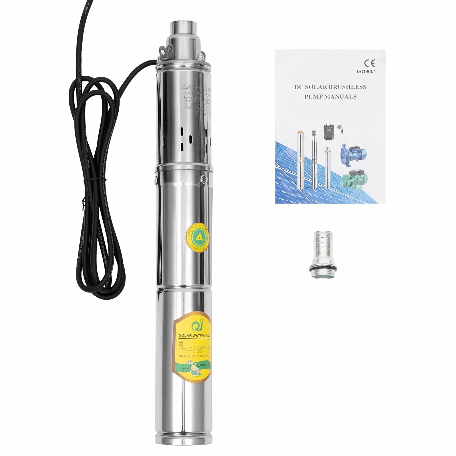 Pompa solare per pozzo profondo DC 24V 370W, pompa sommersa in acciaio inossidabile, altezza massima di sollevamento 65m, portata nominale 2m³/h, pompa solare sommersa per pozzo, irrigazione per