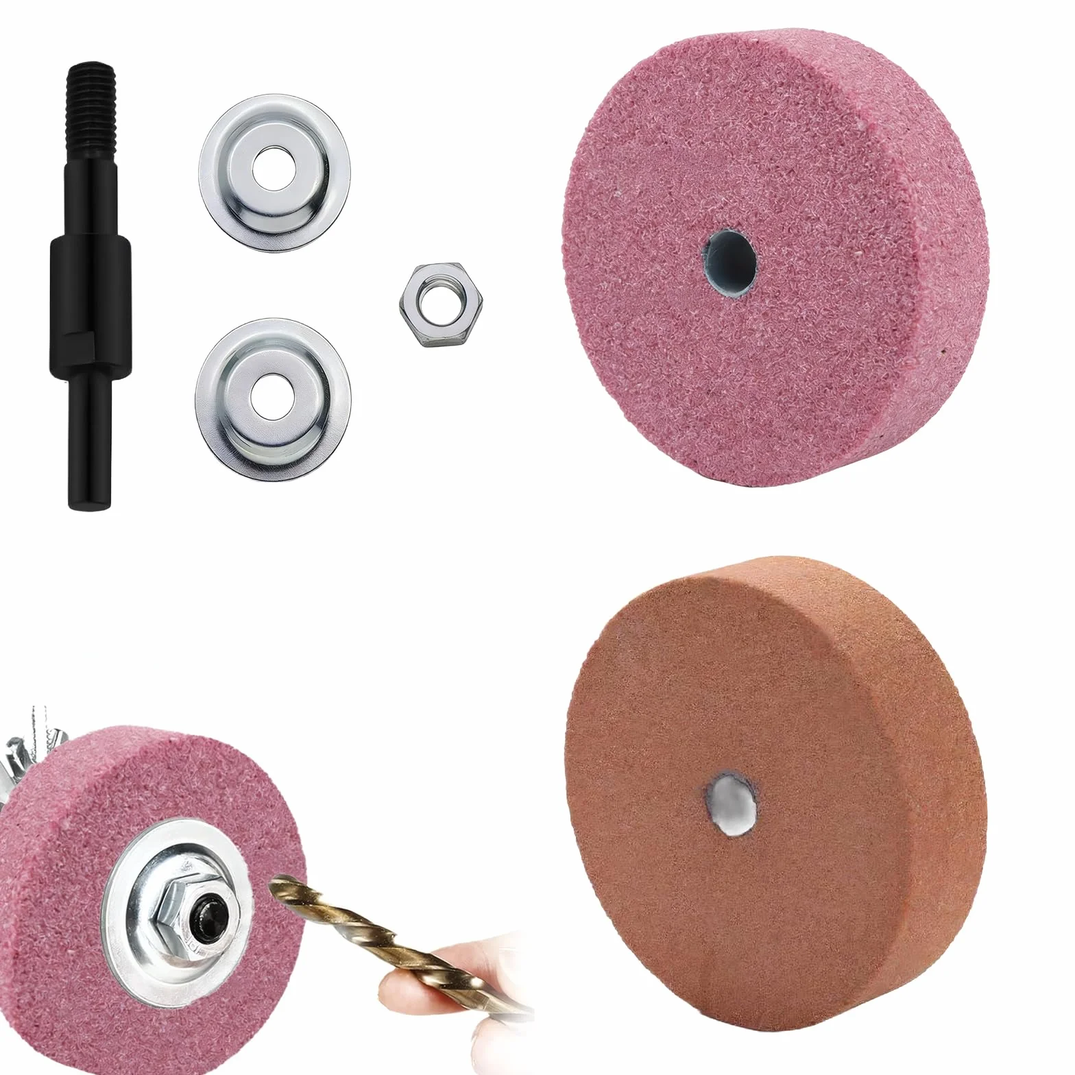 Mola da banco 75mm, disco abrasivo verde-rosso, 80 grana, con barra di adattamento e manico, per lavorazione metalli, diametro 75mm, spessore 20mm