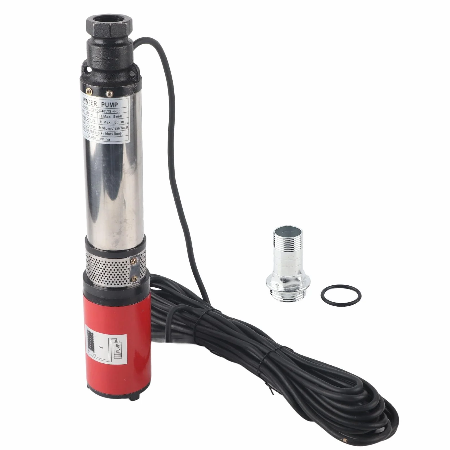 Pompa per pozzi profondi DC 48 V ad alto sollevamento solare con motore in ottone, testa 55 m, tasso 5 m3/ora per sistemi di irrigazione e pozzi profondi