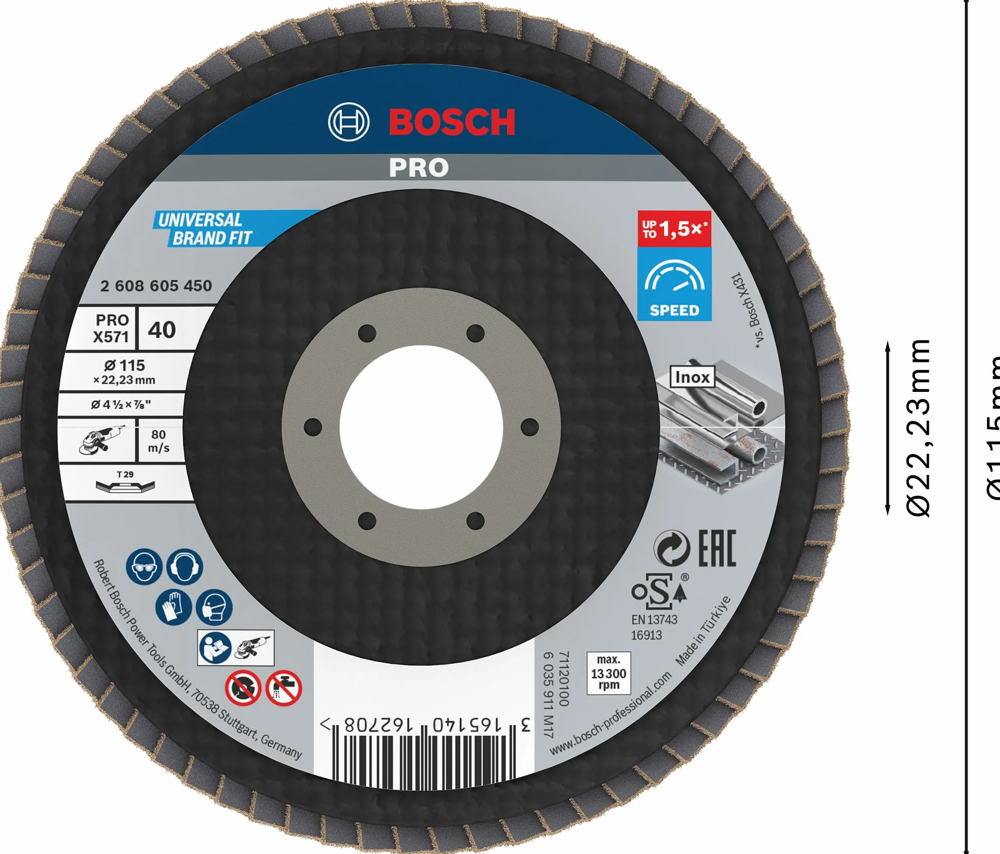 Bosch 1x Disco lamellare PRO X571 piccole, versione angolata, in fibra (per Acciaio, Acciaio inossidabile, Ø 115 mm, Grano 40, Professional Accessorio Smerigliatrice angolare piccola)