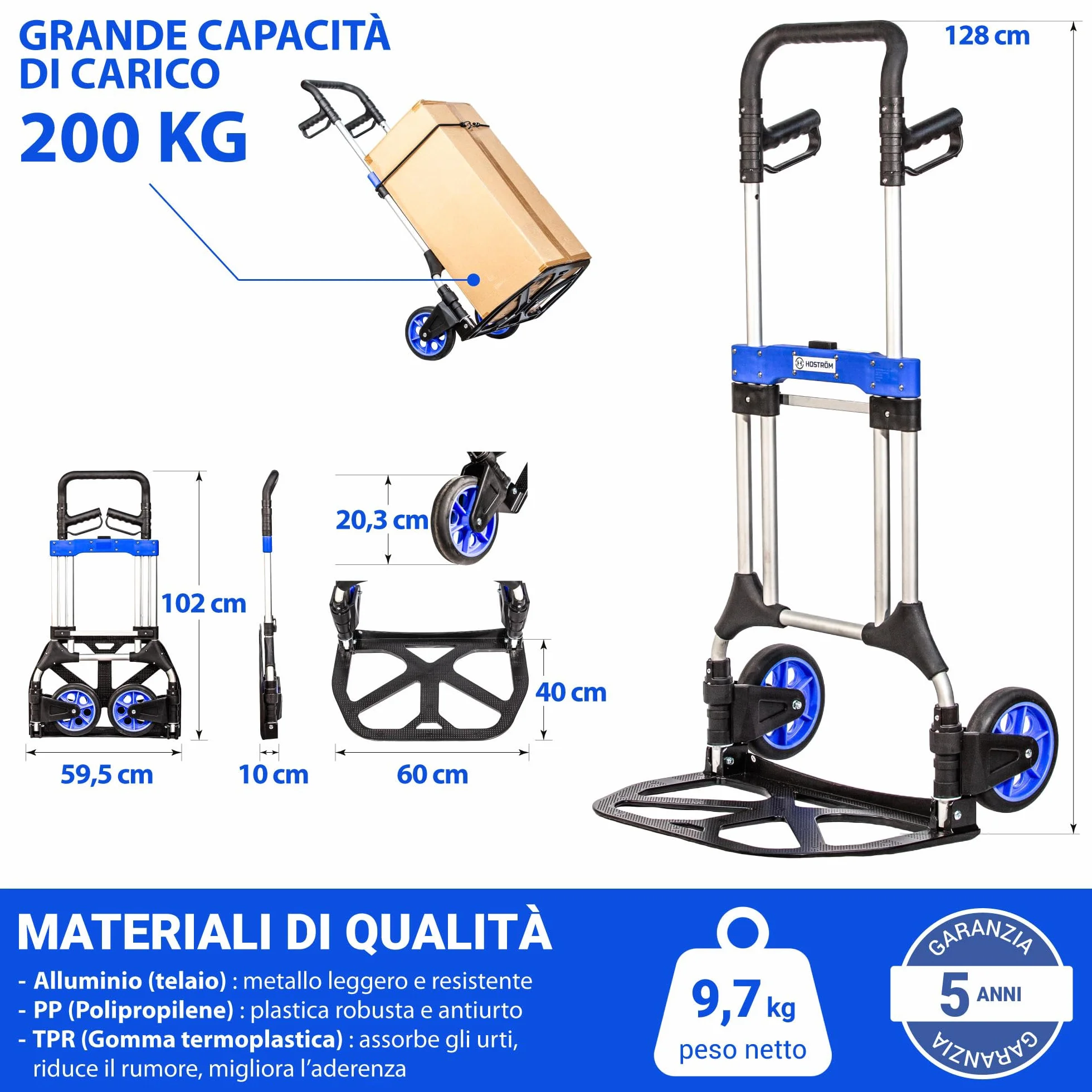 HOSTRÖM Carrello a mano pieghevole in alluminio per impieghi gravosi, carrello a mano pieghevole per traslochi, trasporto materiali, ruote grandi, carico massimo 200 kg, 5 anni di garanzia.