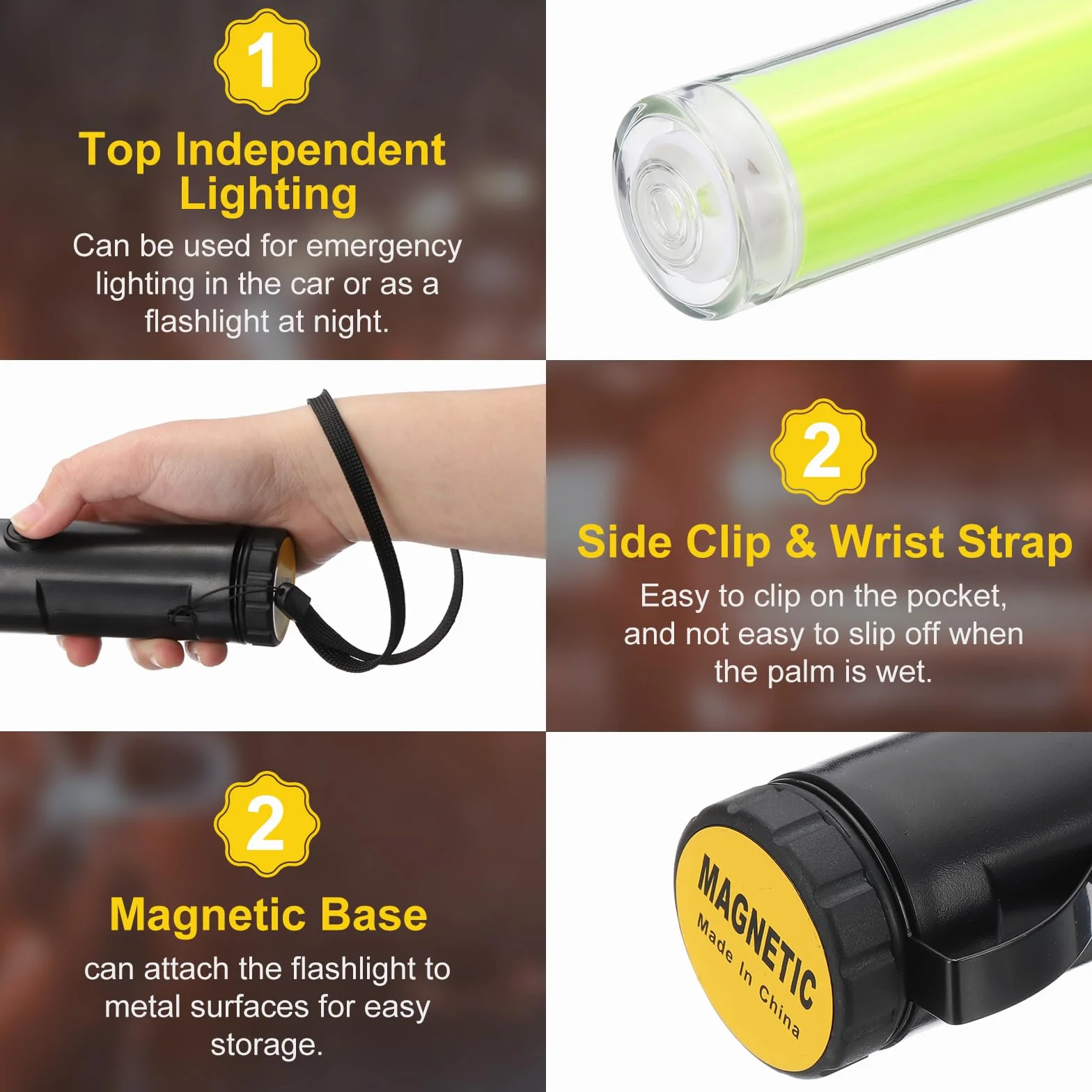PATIKIL 4 Confezione 11 Pollice Bacchetta Segnaletica Traffico, Bacchetta Controllo Traffico Aereo Torcia LED con 3 Modalità Lampeggiante Clip Laterale Cinturino Polso Lanyard, Giallo