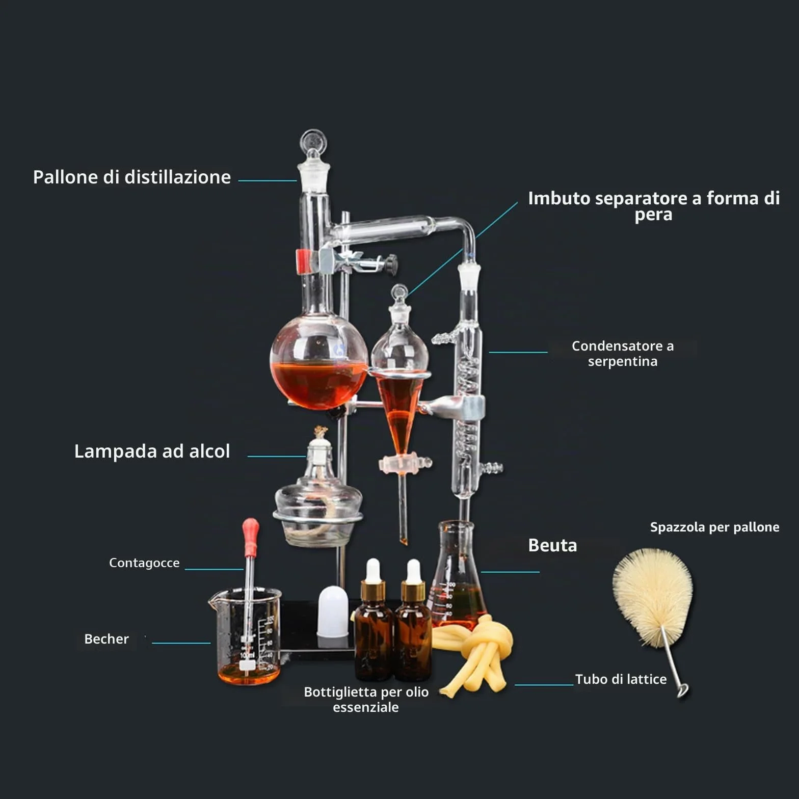 Kit per distillazione in laboratorio, apparecchio per distillazione a vapore in vetro per chimica, kit per distillatore di oli essenziali da 500 ml, attrezzatura per distillazione in vetro da
