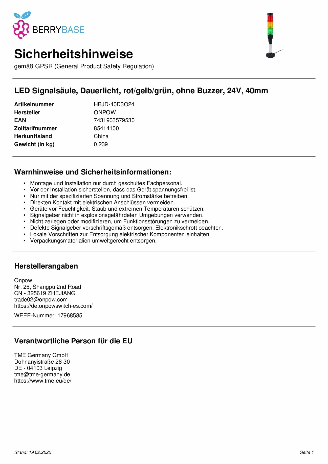 HBJD-40/D/3/RYG/24AC/DC/B Segnalatore: colonnina di segnalazione LED rosso/giall
