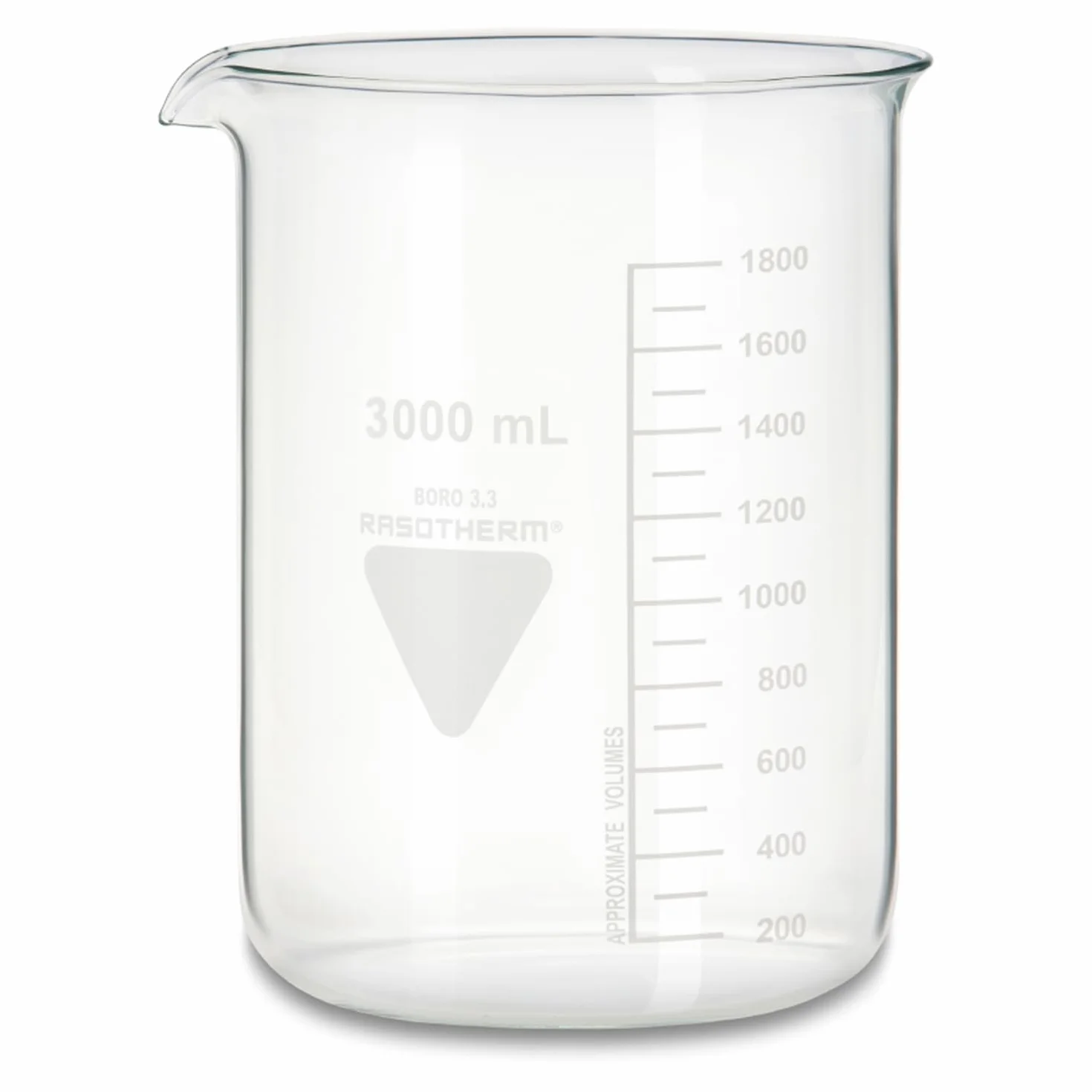 Vetro borosilicato 3.3 a bassa forma bicchiere con beccuccio, trasparente, capacità 3000 ml, altezza 210 mm