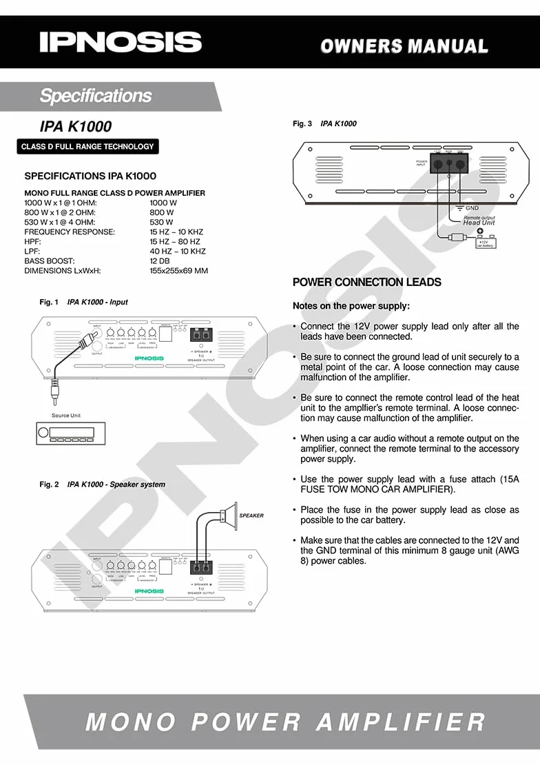 IPNOSIS IPA K1000 Amplificatore Digitale Classe D Mono 1 Canale, 1 Ohm, 2 Ohm, 4 Ohm, Full Range da 1000W