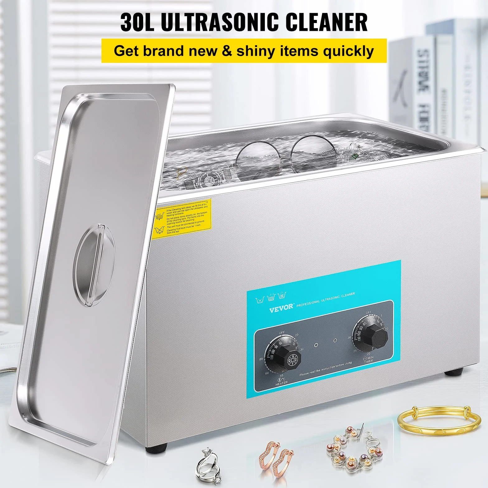VEVOR Pulitore a Ultrasuoni 30 L Macchina Pulitrice a Ultrasuoni Controllo con Manopola in Acciaio Inossidabile 304, con Temporizzatore Riscaldatore per Gioielli, Orologi, Occhiali, Strumenti Dentali