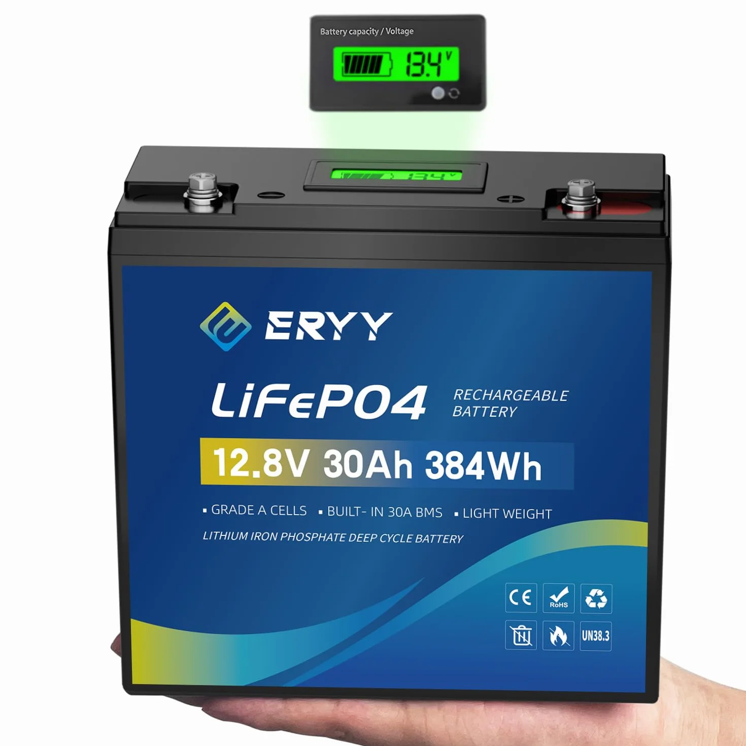 Batteria LiFePO4 12V 30Ah, Batteria al Litio con 5000+ Cicli e BMS 30A, Batterie Ricaricabile Leggera per Camper, Attrezzatura da Campeggio,Motori per Pesca,Accumulo Solare/Domestico,Ecoscandagli