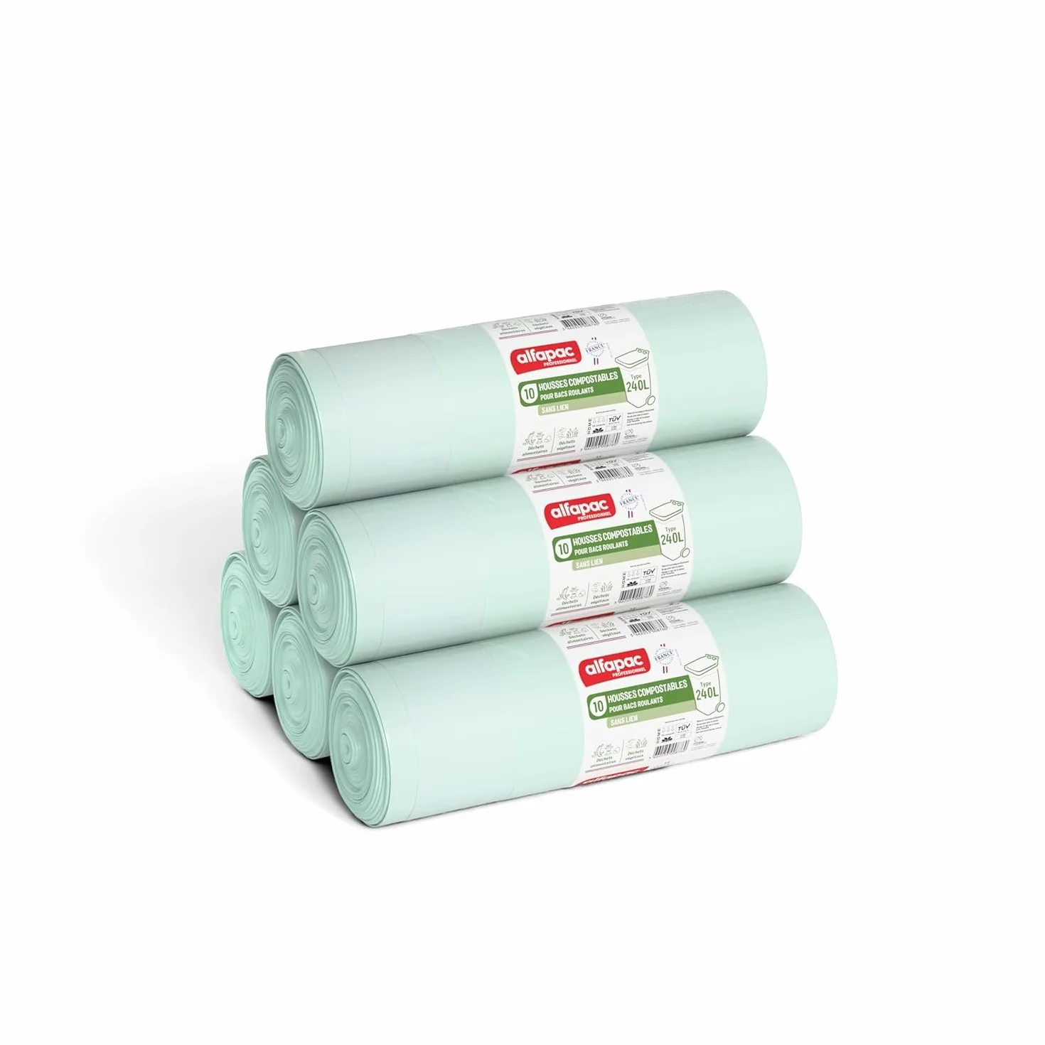 Alfapac Professional - Cartone da 100 fodere compostabili da 240 l, per cassetto rotelle, 5 rotoli da 20 coperture, prodotte in Francia, per rifiuti organici