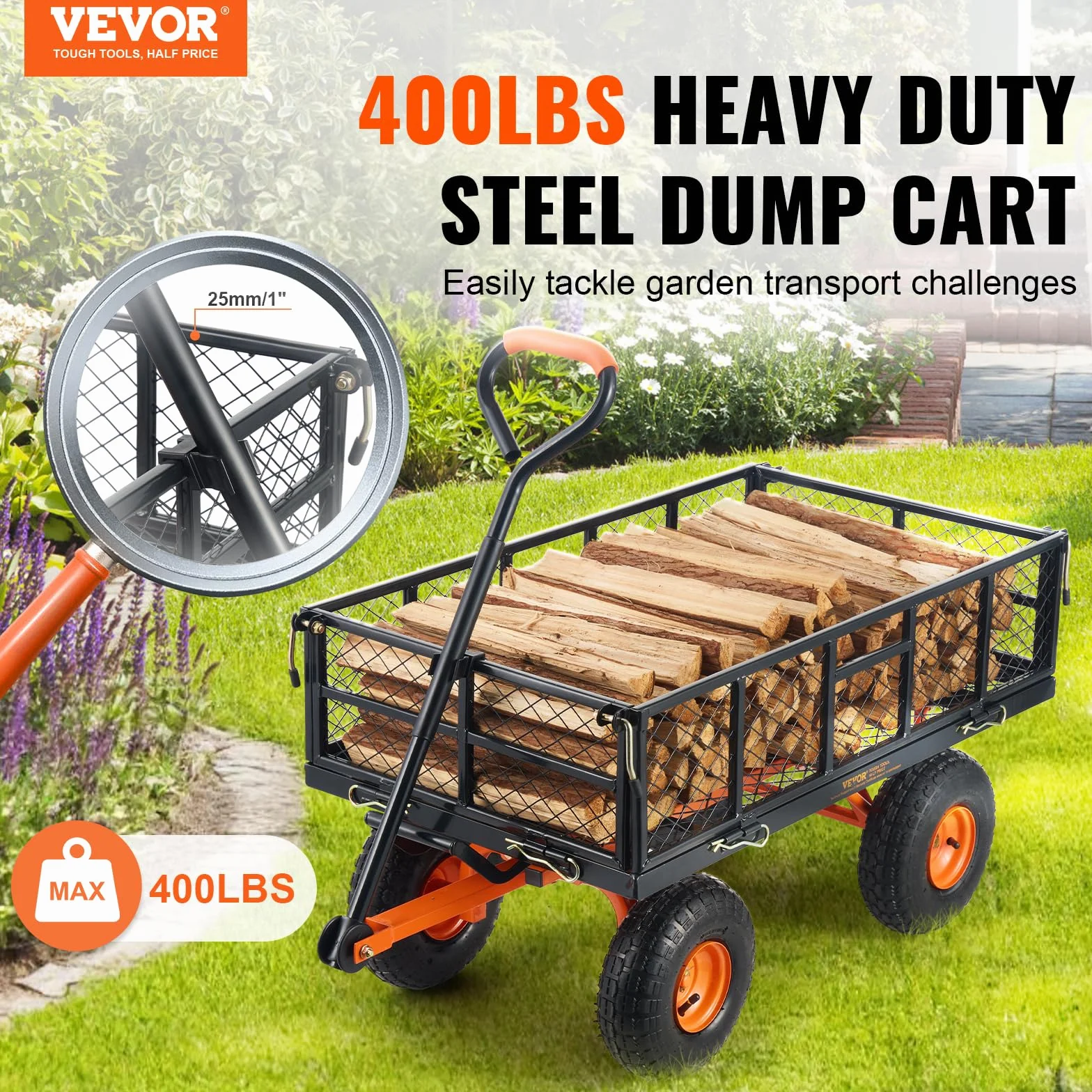 VEVOR Carrello Ribaltabile in Metallo, Carrello Ribaltabile Giardino Telaio Facile Montare, Carriola Utilitaria, Pneumatici 254 mm Carro Ribaltabile Maniglia Convertibile 2 in 1, Capacità 181,4 kg