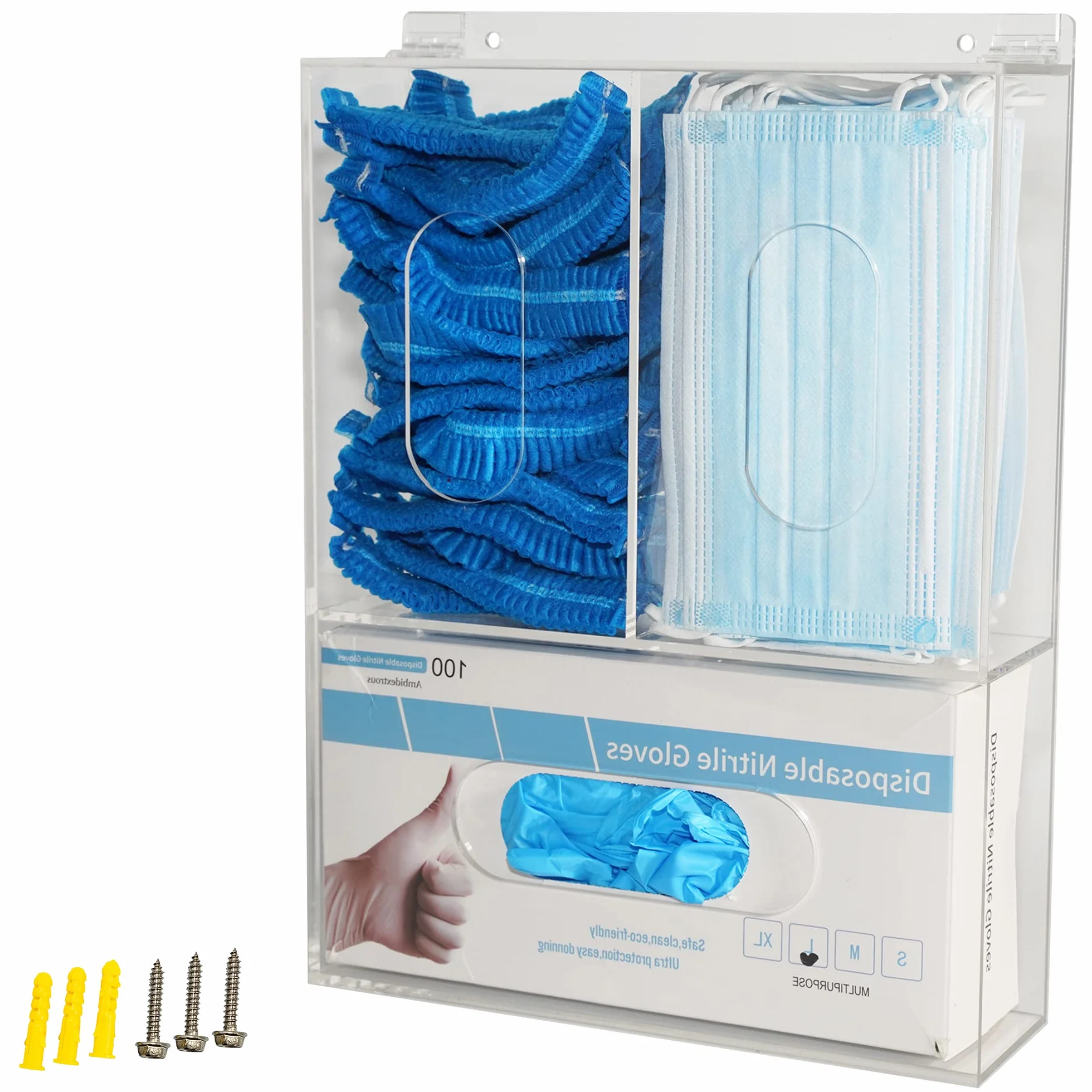 Scatola portaoggetti per guanti usa e getta dispenser per maschere triplo porta guanti a rete per capelli, dispenser in acrilico con coperchio per organizer da parete per servizio alimentare