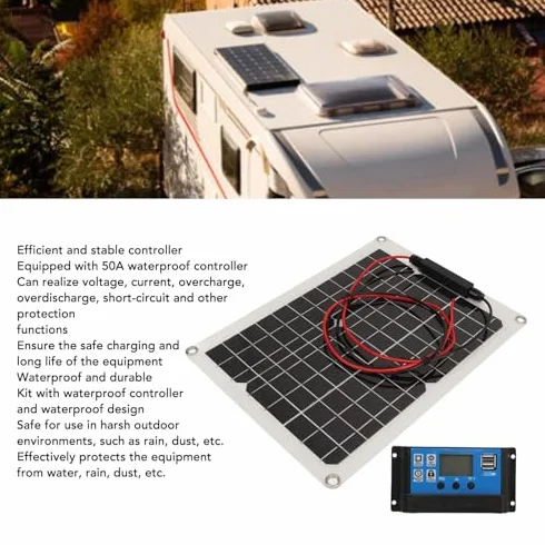 Kit panneau solaire 15W, avec régulateur de charge PWM 50A 12V/24V, panneau solaire haute efficacité pour bateau, caravane, camping-car et autres applications hors réseau