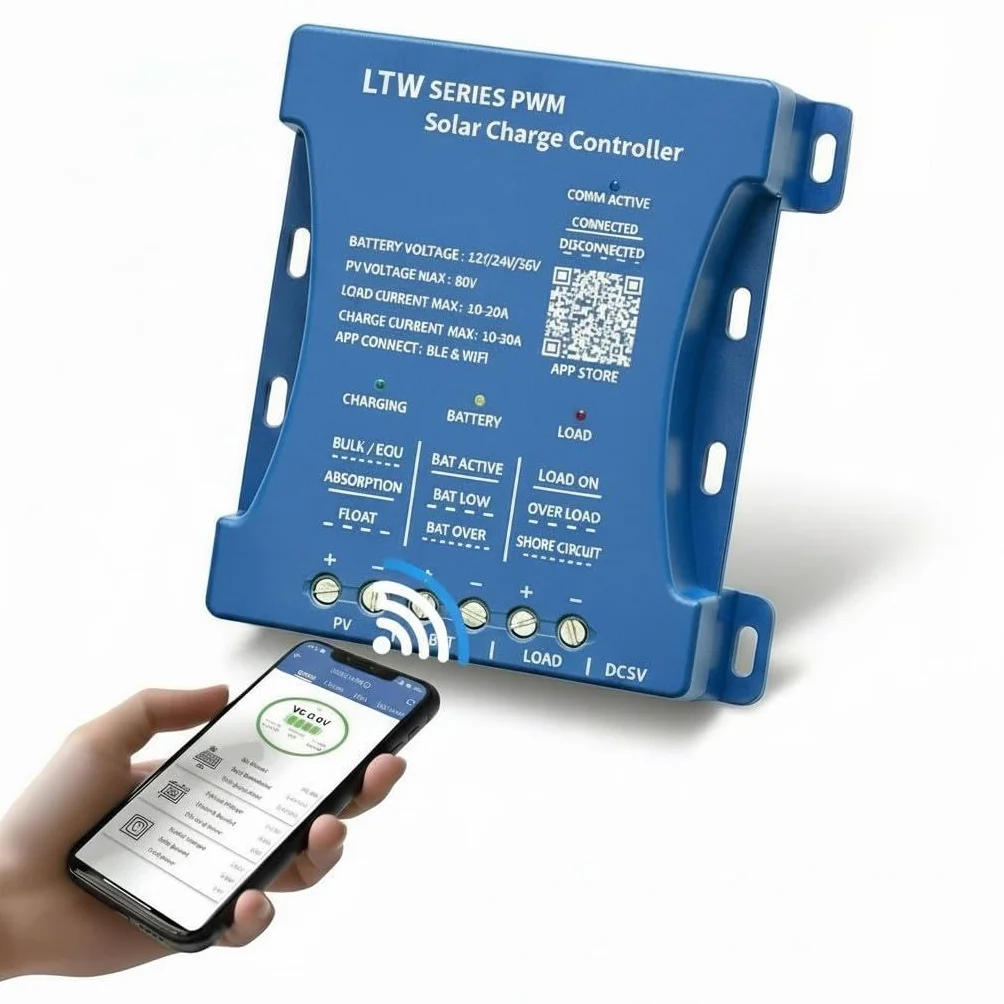 Regolatore solare 20A con WiFi & Bluetooth, PWM 12V/24V/36V per veicoli, ingresso PV 80V, regolazione tramite applicazione per batterie piombo-acido/LiFePO4/litio, ideale per camper/casa/installazione