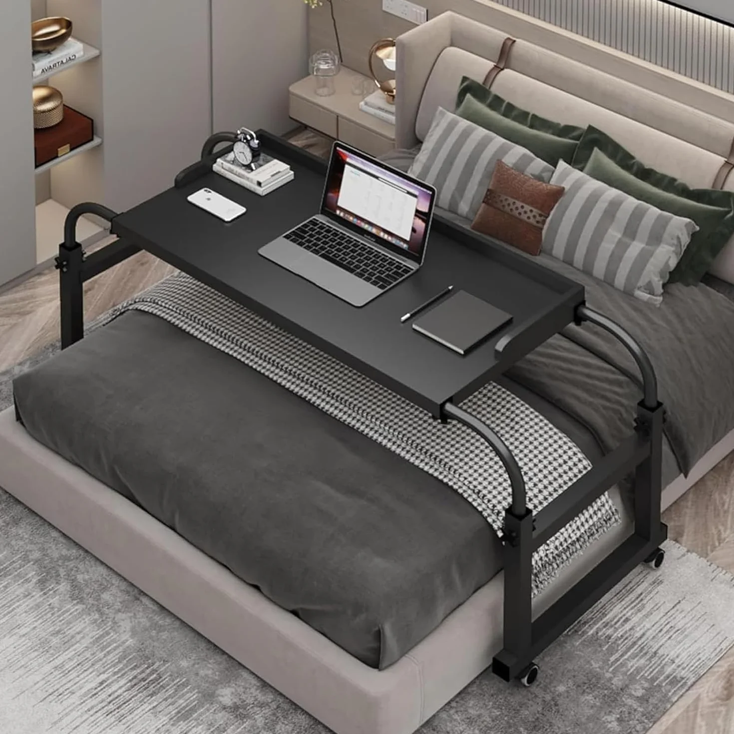 Tavolino Da Letto Regolabile,Tavolino Sopraletto Regolabile Da 115-210 Cm Con Ruote Tavolino Sopraletto Con Gamba In Acciaio Resistente Adatto Per Camera Da Letto/studio/soggiorno(Color:black)