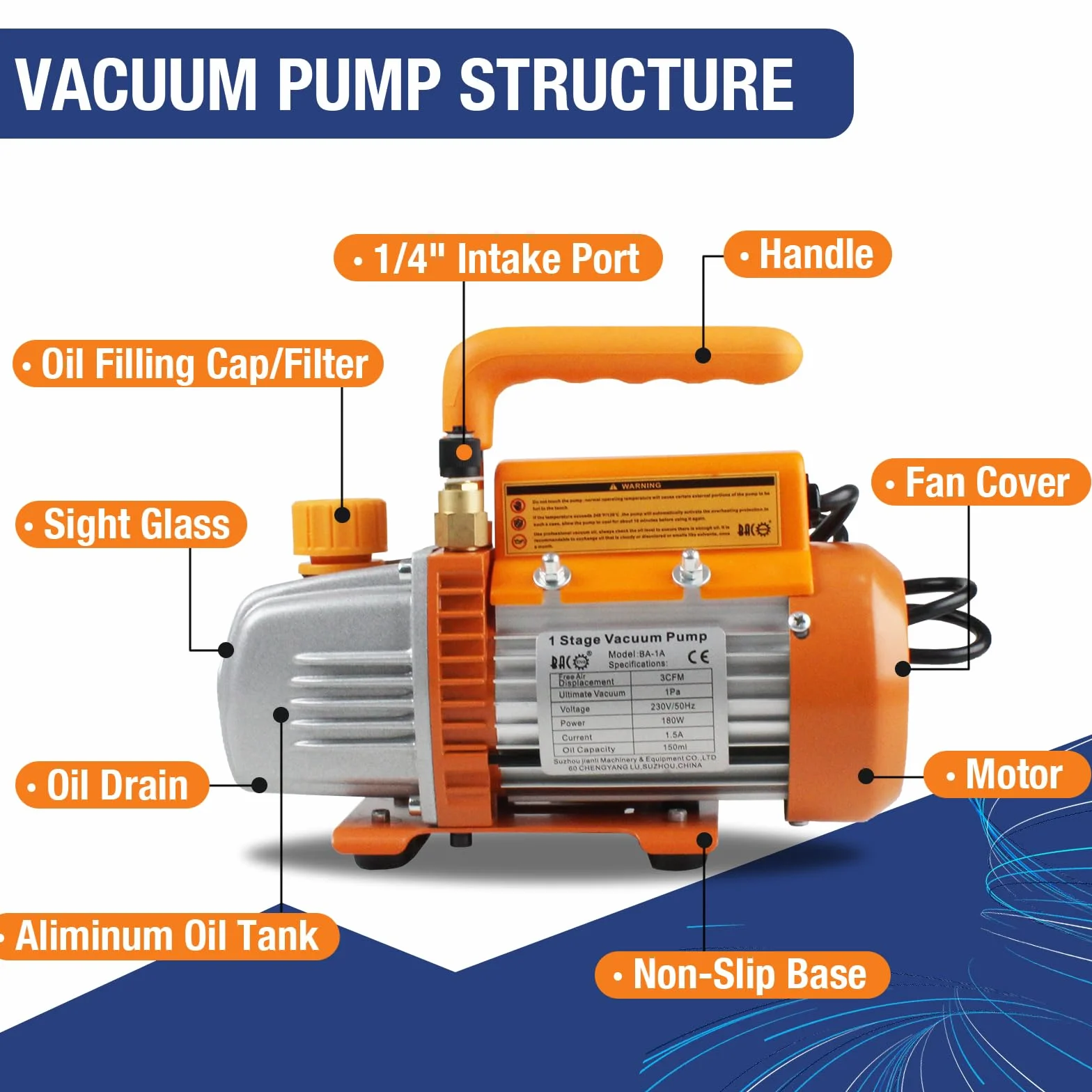 BACOENG Pompa a Vuoto 3 CFM per Refrigerazione e Climatizzazione, Pompa Monostadio 1/4 HP, 1440 giri/min, Elettrica per Sistemi di Refrigerazione Automotivi