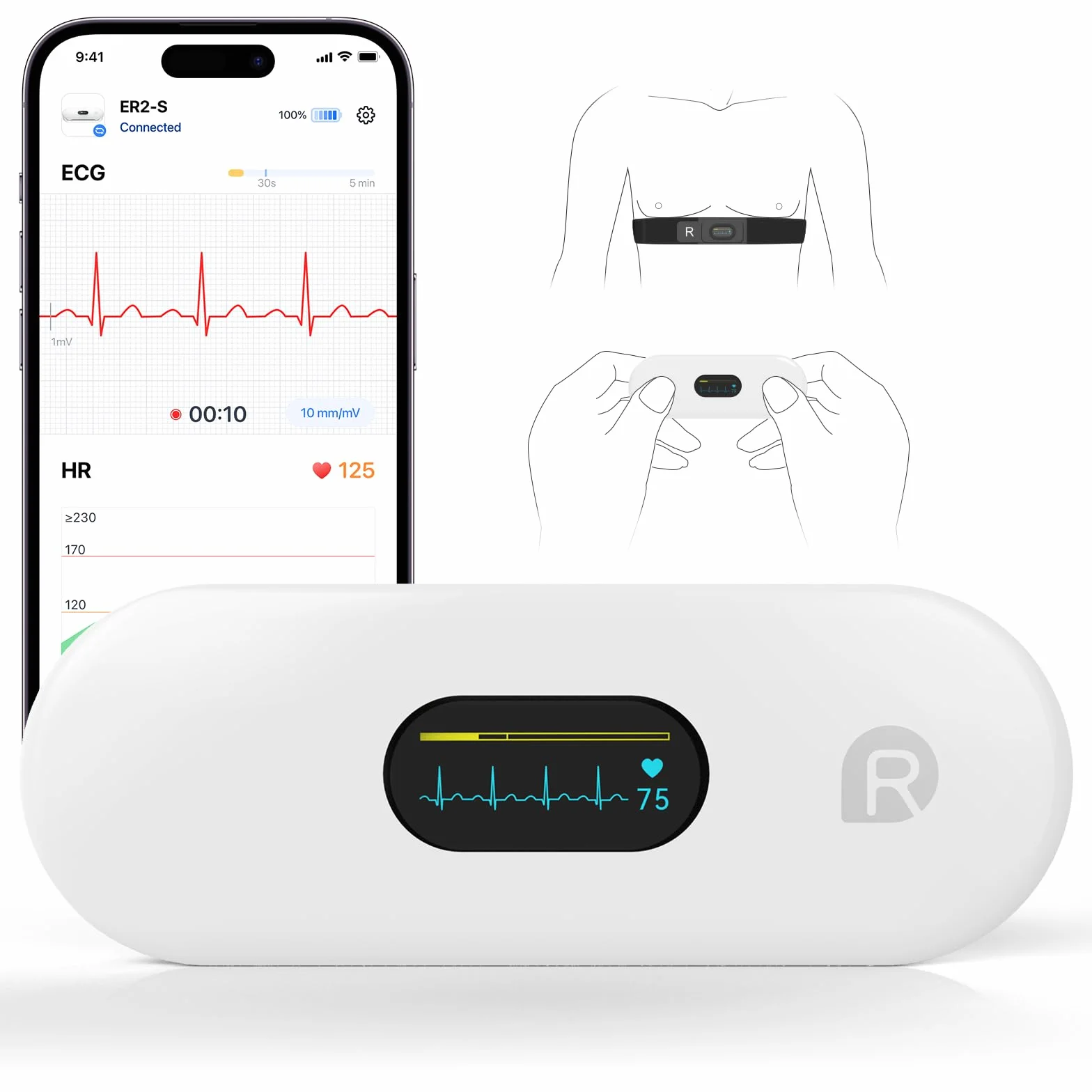 CheckMe ER2-S ECG Portatile, con Fascia Toracica, Holter Cardiaco con Schermo OLED da 0,96 Pollici, 30s - 15mins, APP Forme d'onda in Tempo Reale, Archiviazione dati Illimitata, per iOS e Android
