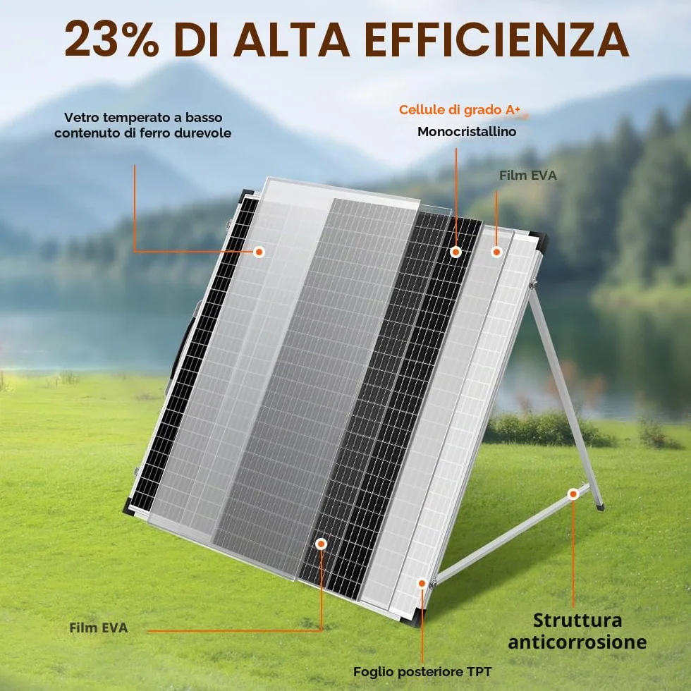 DOKIO 160W 18V Pannello Solare Portatile Pieghevole Monocristallino per batteria da 12V con regolatore di carica solare (2 porte USB) + borsa per il trasporto