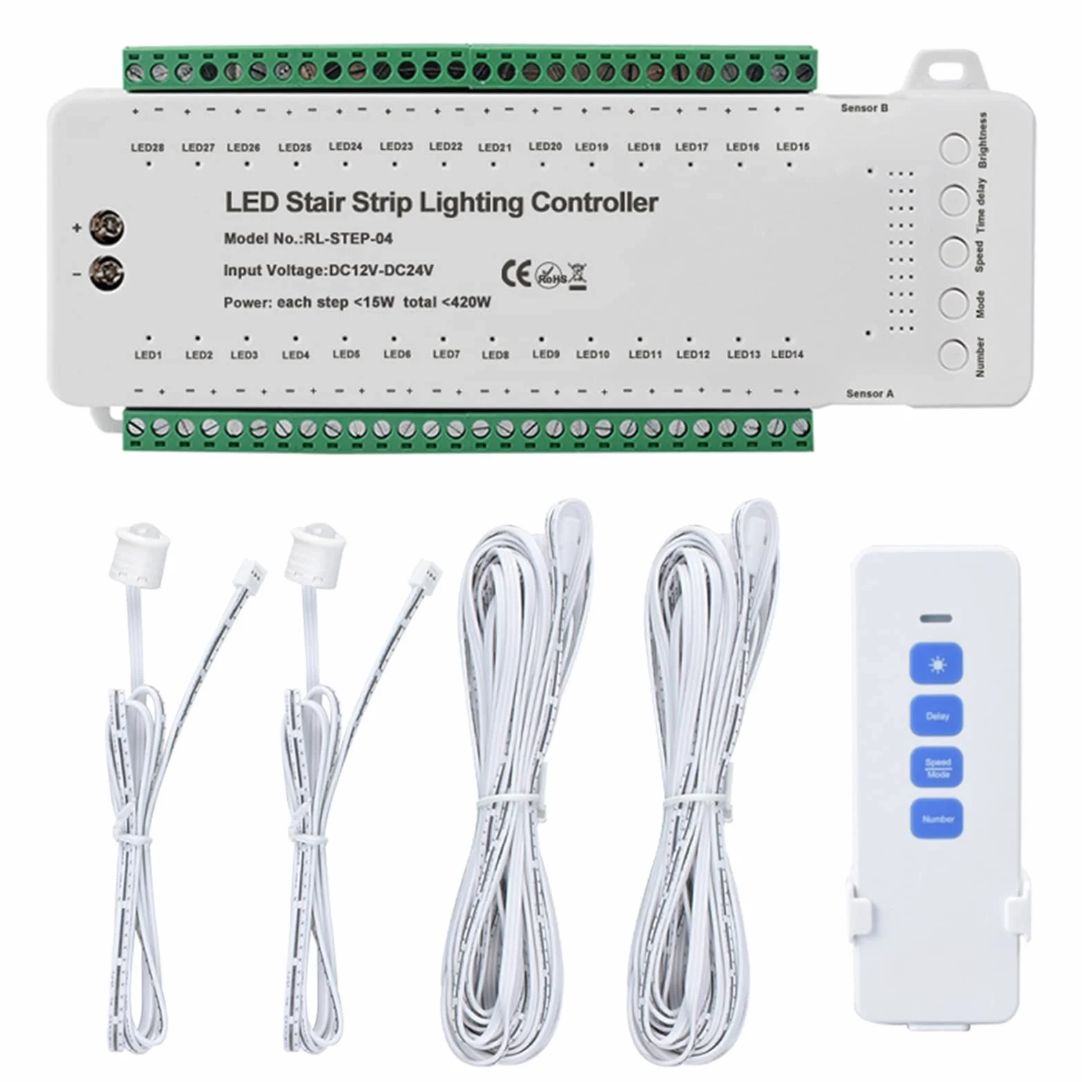 Controller per illuminazione a LED per scale con sensore di movimento, controllo della luce per scale con 28 gradini e telecomando