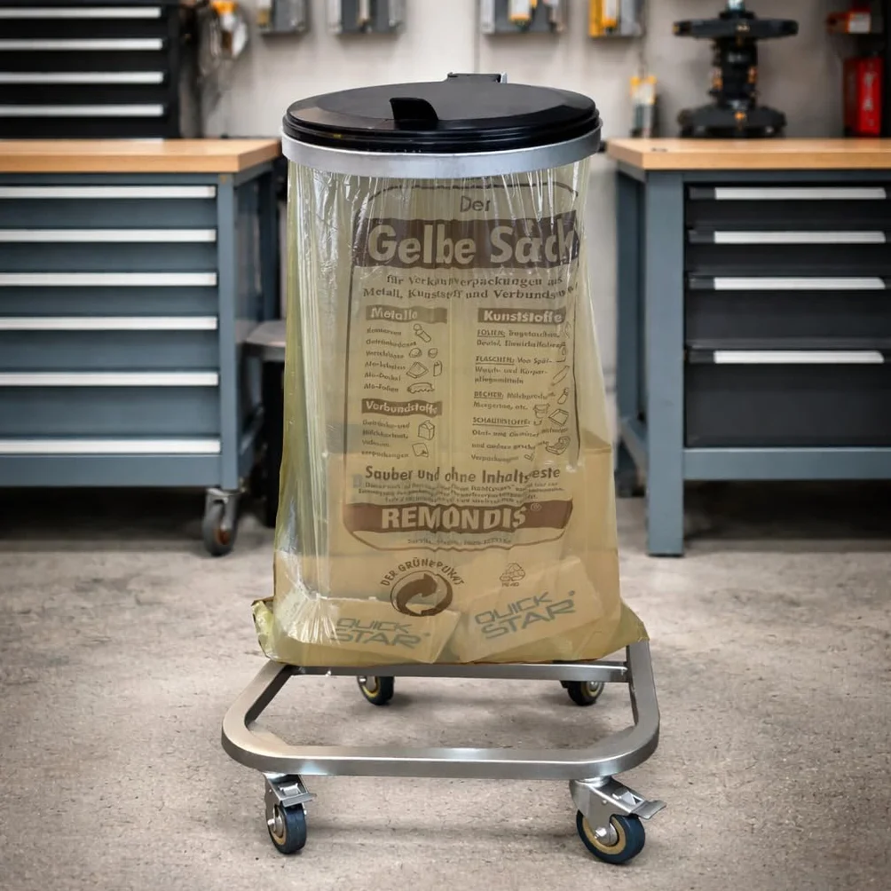 QUICK STAR Portasacco per Rifiuti con Coperchio e 4 Ruote | Supporto per Sacco in Metallo 120 Litri | Portasacco Stabile - Acciaio Zincato | Sacco Giallo 120L | Contenitore per Rifiuti Mobile