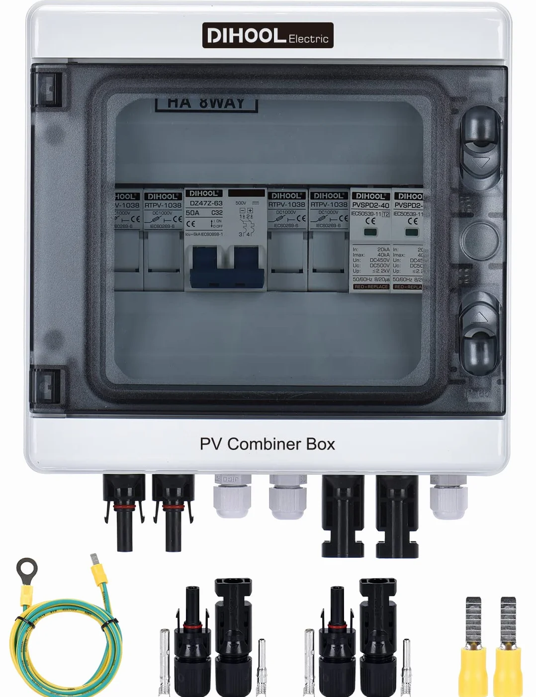 Protezione da sovratensione, scatola di collegamento solare PV con interruttore di separazione, protezione dai fulmini per impianto PV DC 500 V 10 A, 2 stringhe, IP65, alloggiamento (2 in 1 out 10 A)