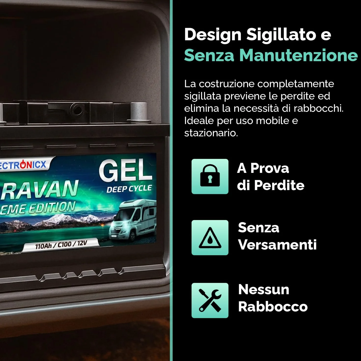 Electronicx Batteria di alimentazione GEL Caravan Extreme 12V 110Ah – 315x175x190 mm – Barca, van, camper, roulotte, batteria da campeggio – polo positivo a destra – senza manutenzione