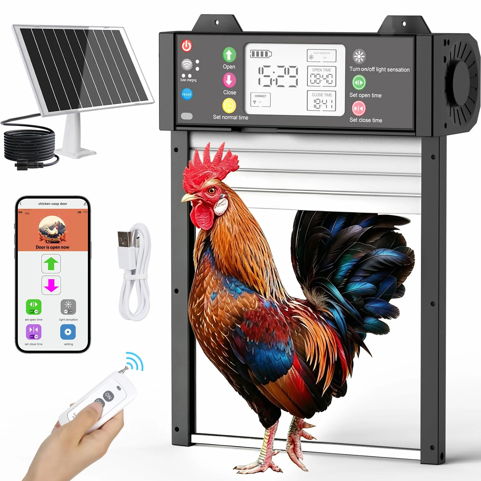 Porta Pollaio Automatica Solare Alluminio, Porta Elettrica Sensore Crepuscolare, Timer, WiFi & App, Sistema Anti-pizzicamento, Schermo LCD, Telecomando e Batteria 4000mAh