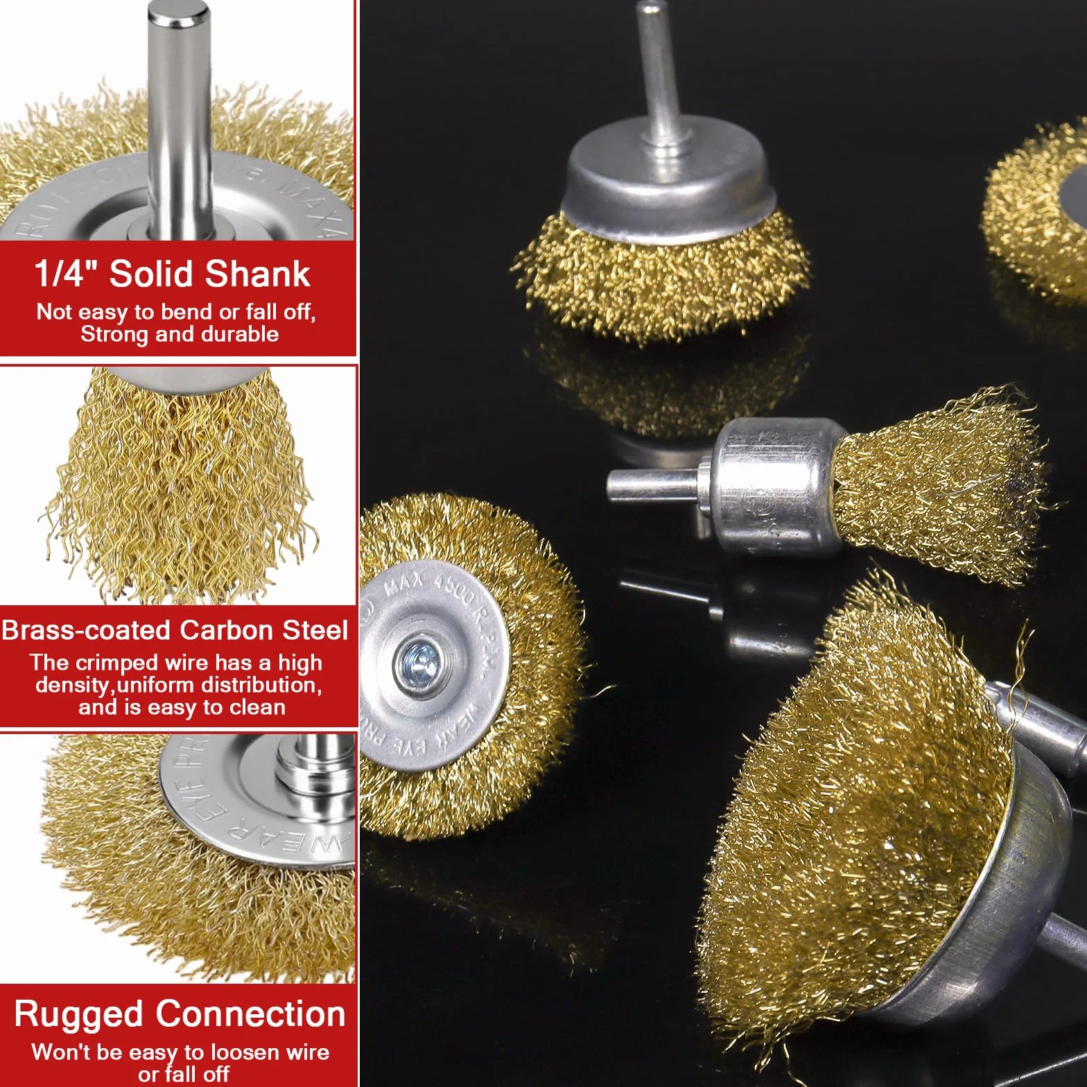 Spazzola per la pulizia del filo di ottone per trapano, filo di acciaio al carbonio abrasivo rivestito in ottone con setole morbide, fusto da 1/4" per rimozione del metallo, ruggine e colore