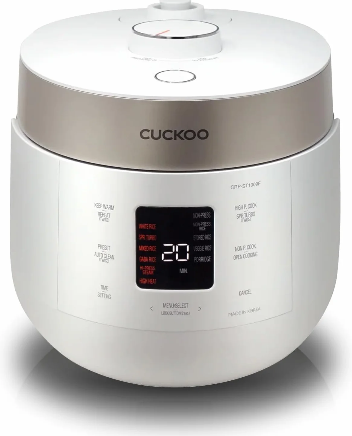 CUCKOO CRP-ST0609FW Cuociriso e scaldabagno per 6 tazze (non bollite)/12 tazze (cotte), doppia pressione cuoci riso e scalda con rivestimento antiaderente, 16 opzioni di menu, 3 guide vocali,