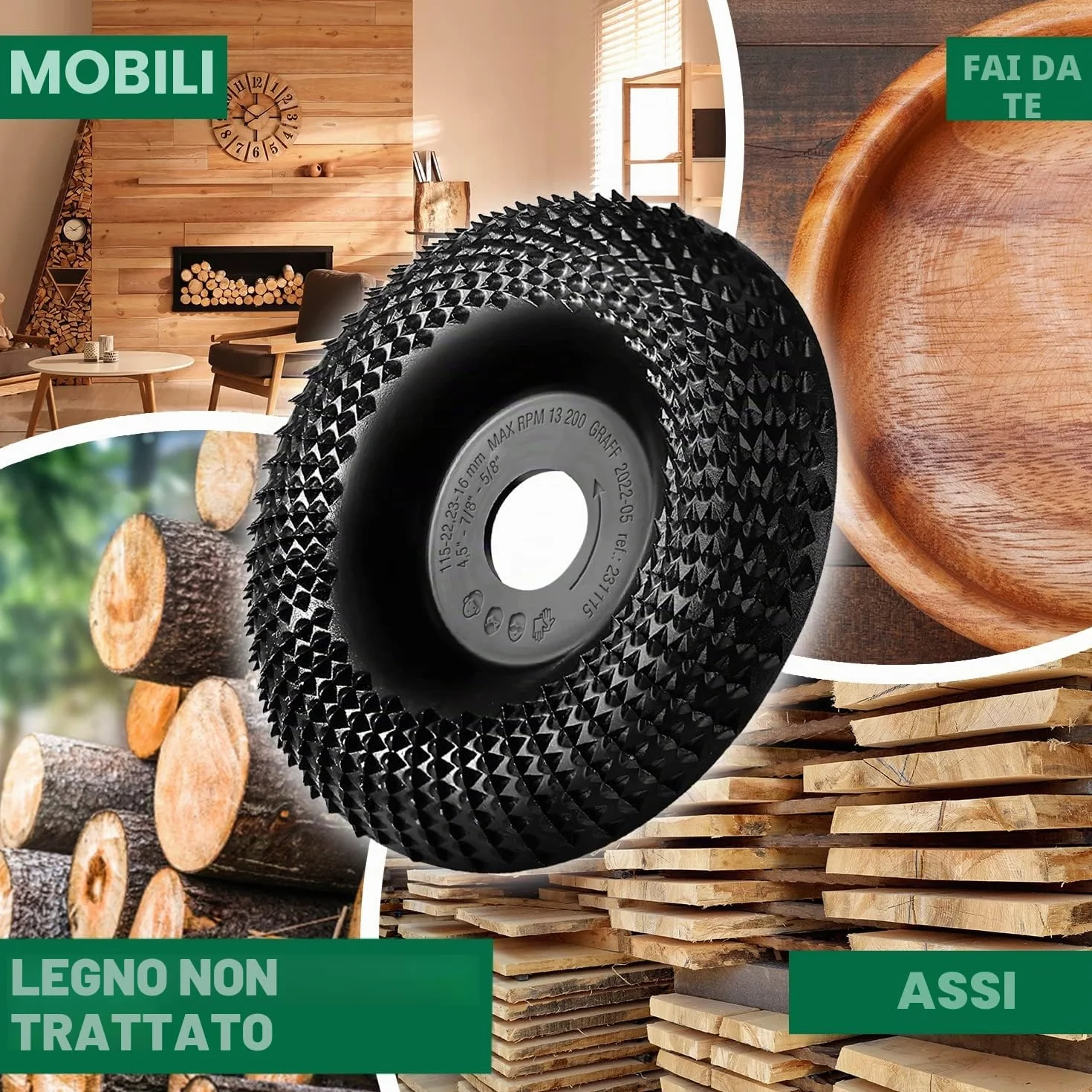 Intaglio Legno Mola Disco 115mm x 22.23mm – Disco Raspa per Intagliare e Levigatura Legno Conifere, Duro – Disco Abrasivo Lucidatura Modellatura – Mola per Smerigliatrice Angolare GRAFF