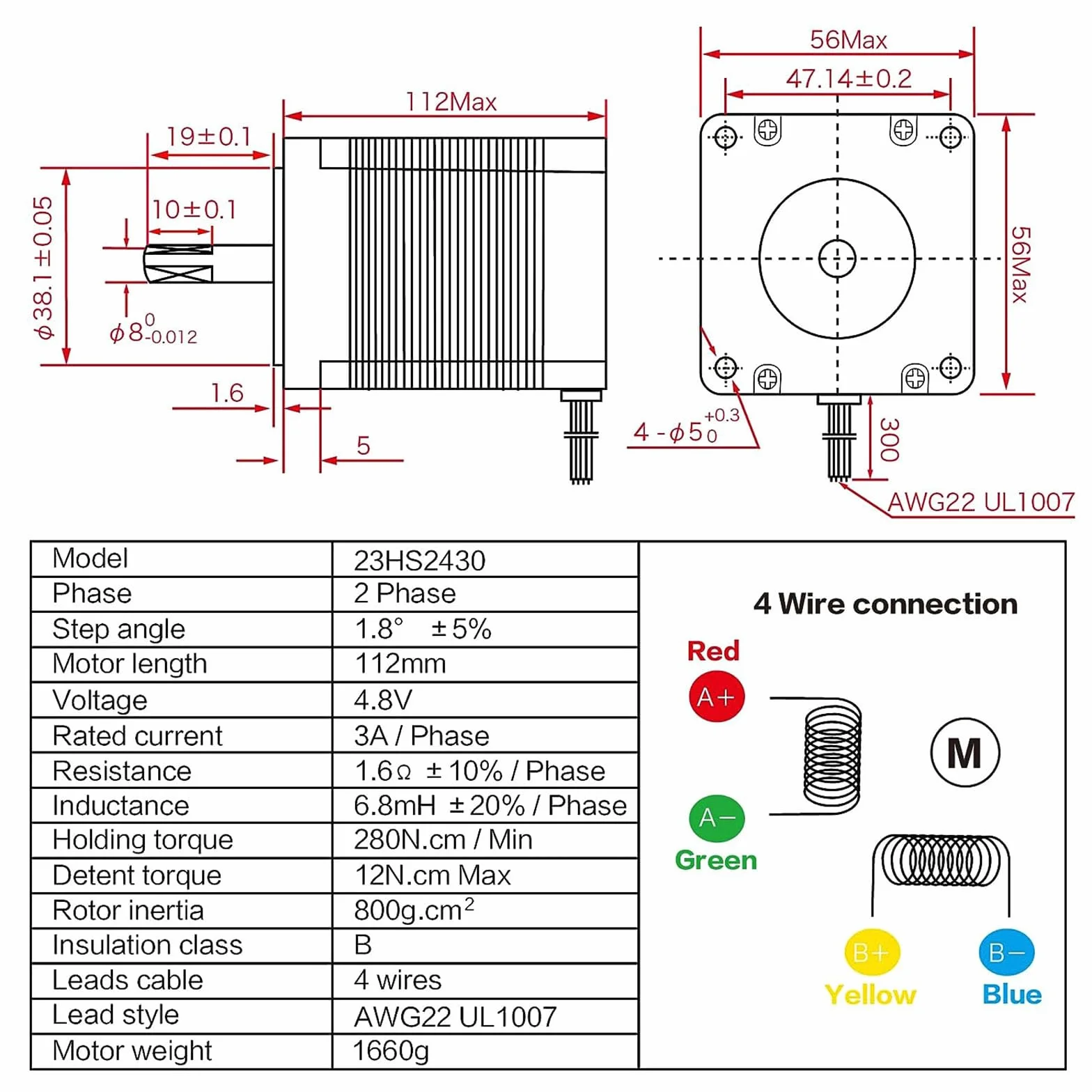RATTMMOTOR Nema 23HS2430 - Motore stepper Nema23, 2,8 Nm (425 oz.in) 3 A, 1,8 gradi, 4 fili, motore stepper a 2 fasi, 57 x 57 x 112 mm, per robot, stampanti 3D, fresa CNC (23HS2430)