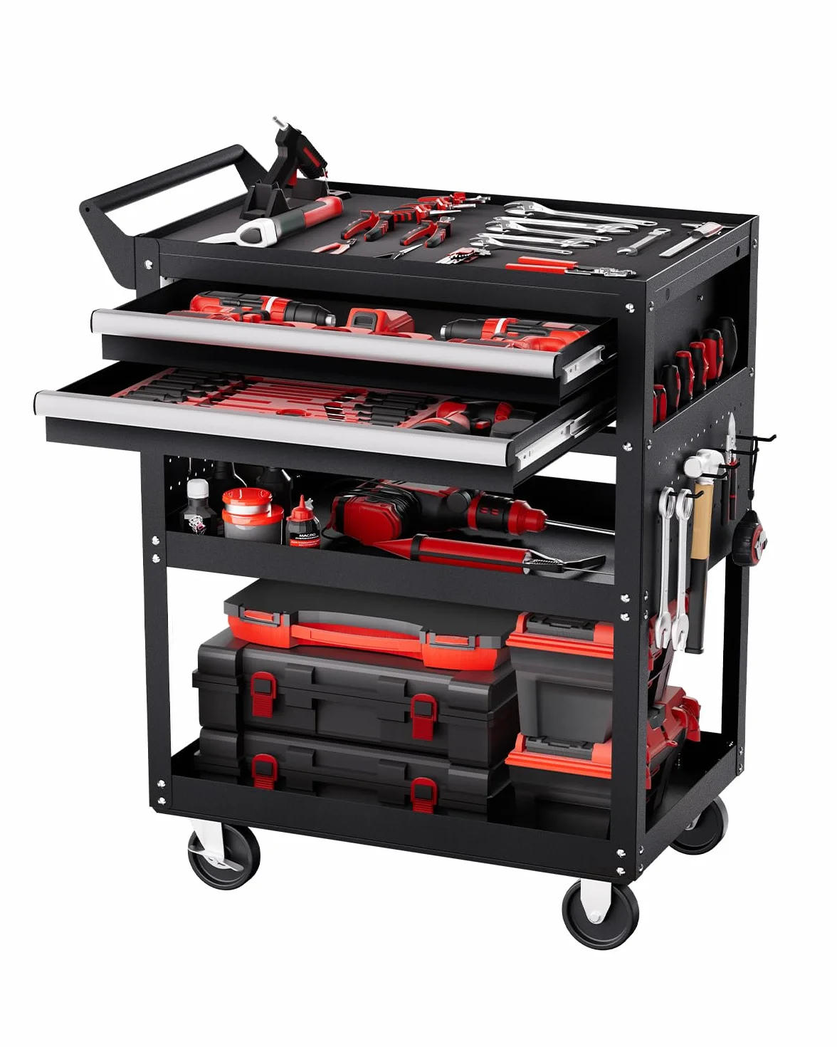 VEVOR Carrello Portautensili a 5 Ripiani con Ruote, Carico 181,4 kg Carrello da Lavoro con 2 Cassetti e Pannello Forato, Organizzatore per Utensili Meccanici con Sistema di Bloccaggio per Garage, Nero