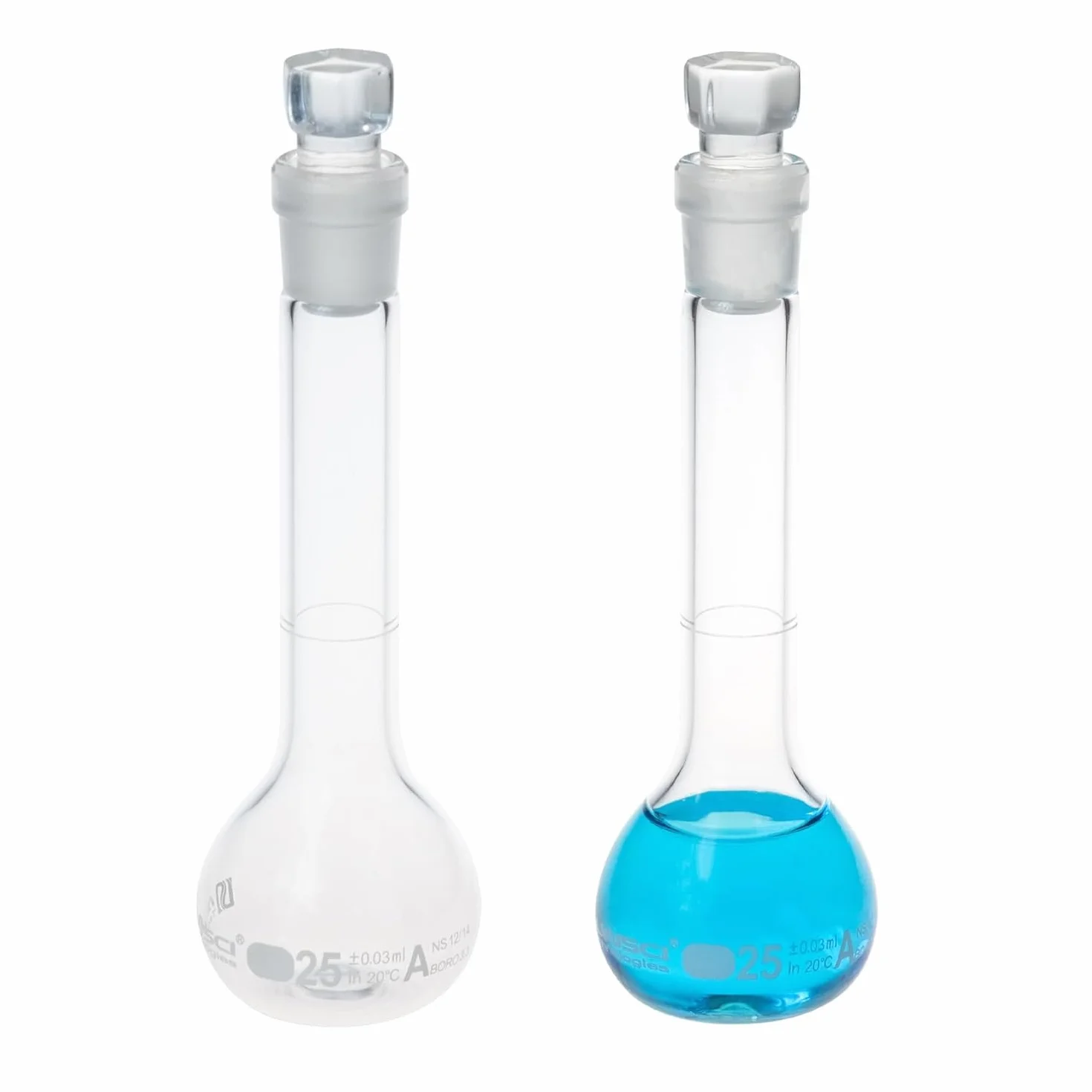ALWSCI 2 Pezzi 25 mL Matraccio Volumetrico Matracci Tarati da Laboratorio con Tappo in Vetro, Vetro Borosilicato 3.3, Classe A, Matraccio Graduato per Laboratorio