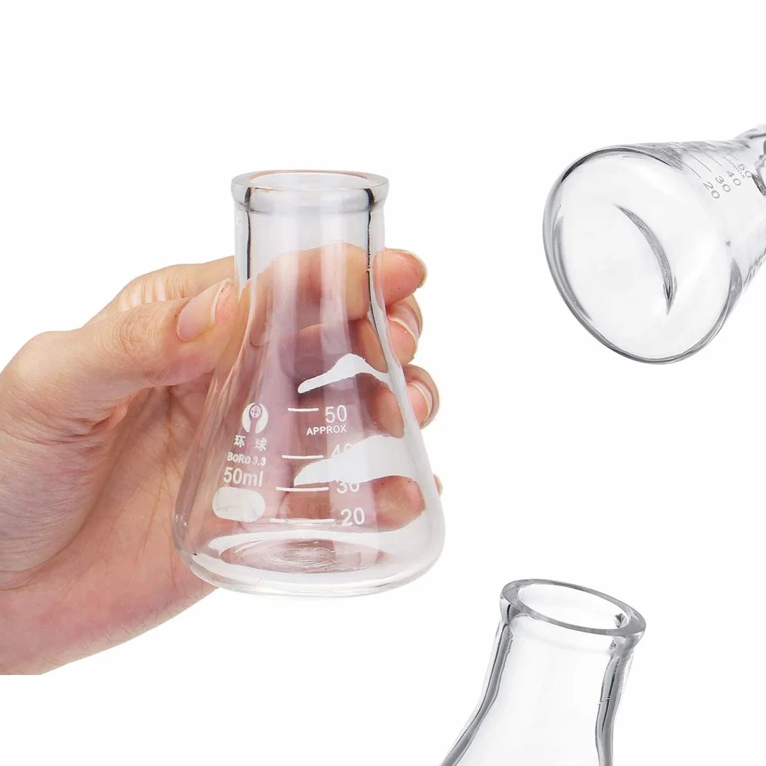 Pallone Graduato in Vetro Borosilicato, JESSTOLO 50ml Erlenmeyer Boccette di Vetro, 50ml Becher Graduato, 5ml/10ml Cilindro Graduato, con 3 Contagocce, 2 Barra di Agitazione et 2 Spazzolini di Pulizia