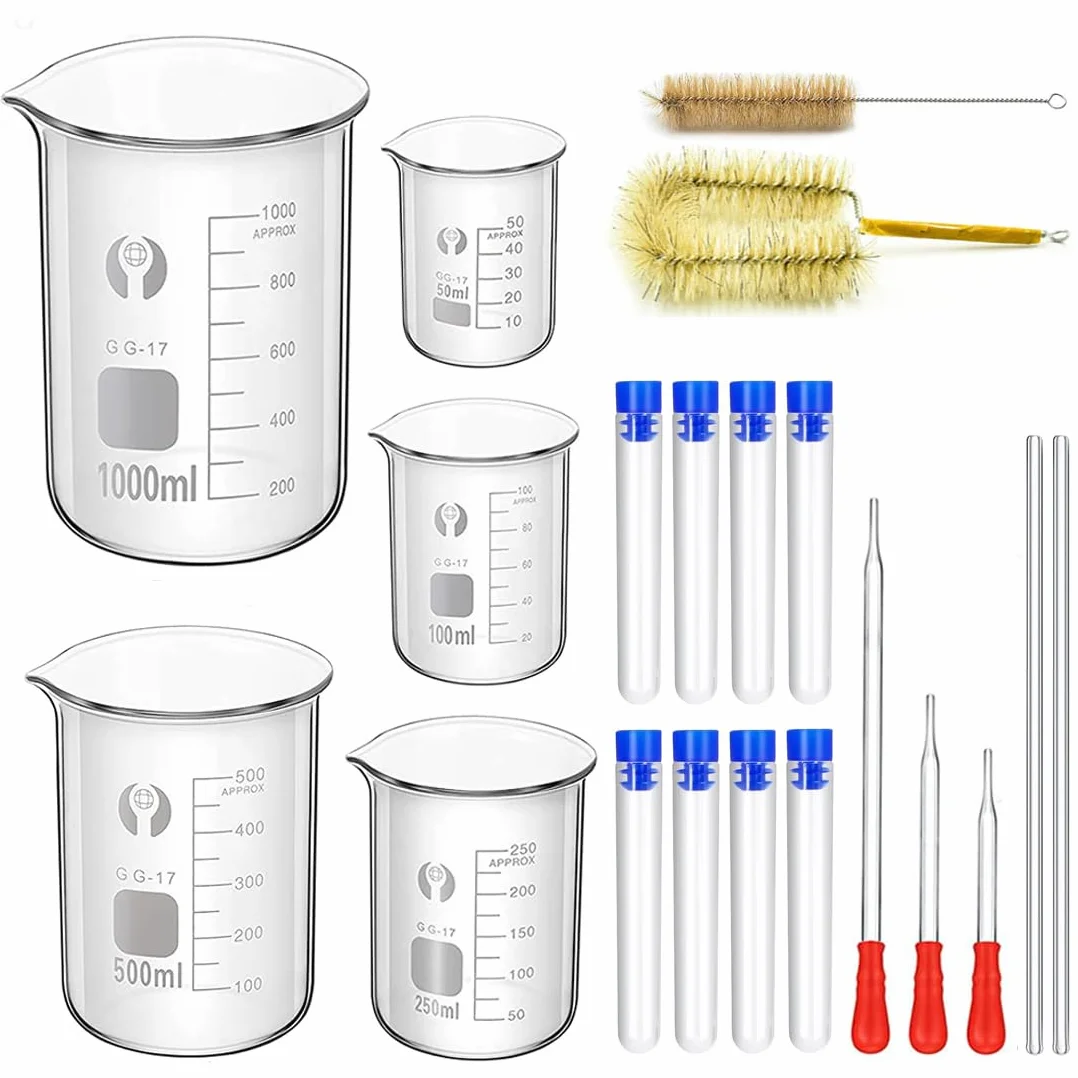 Becher Graduato in Vetro Borosilicato, Graduato Misurazione Bicchiere 1000ml/500ml/250ml/100ml/50ml con 8 Provette di Plastica, 3 Contagocce, 2 Barra di Agitazione,2 Spazzolini di Pulizia