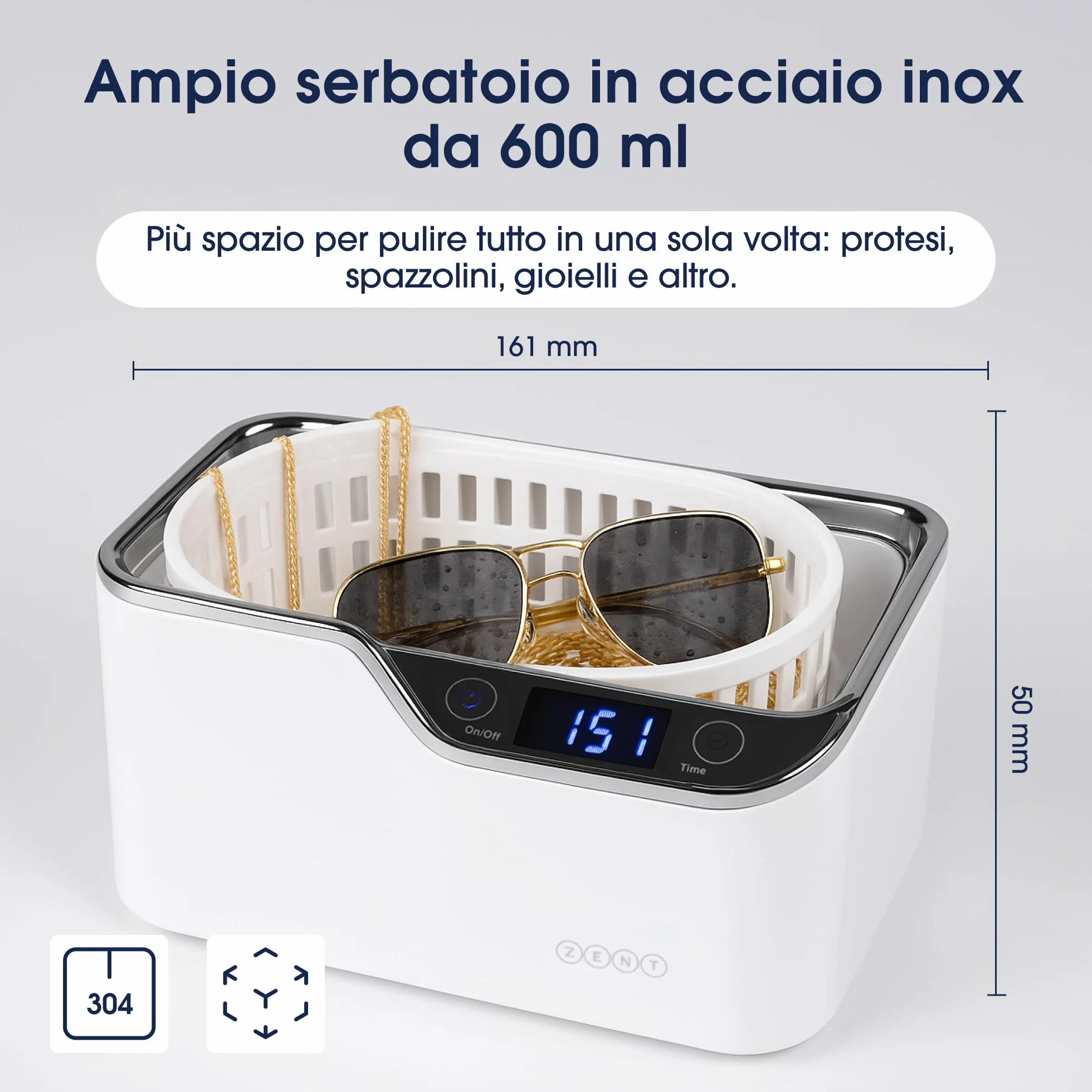 ZENT Pulitore ultrasuoni 42kHz 600ml, Ultrasuoni per pulisci occhiali, Pulizia apparecchio ortodontico, protesi dentarie, gioielli, orologi, invisalign - 5 programmi temporali, Pannello touch LED