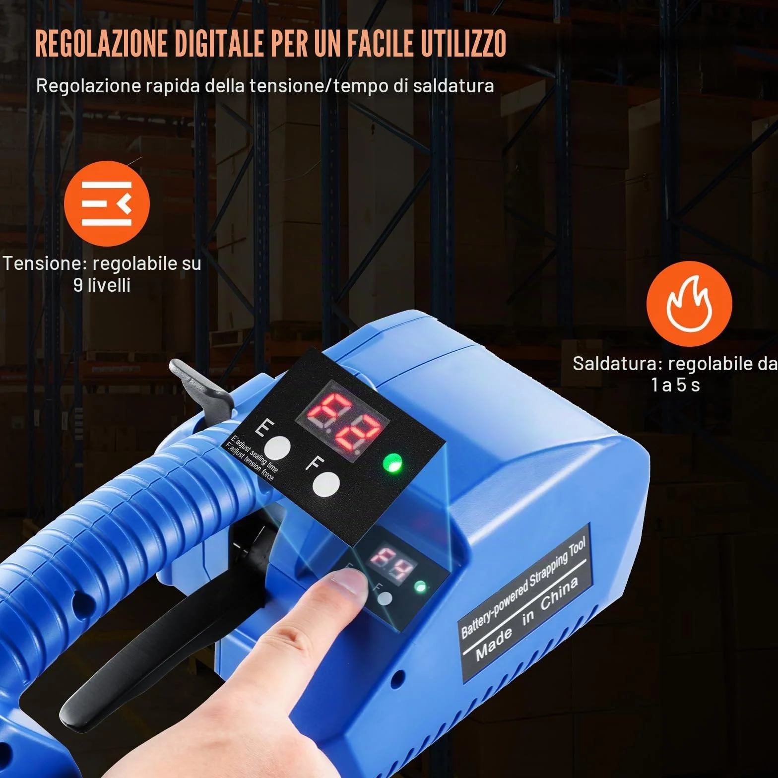 VEVOR Reggiatrice Elettrica 0,89-1,6 cm Tendireggia Elettrica per Reggette PP PET, con Schermo Digitale, 2 x 5000 mAh Reggiatrice Automatica Alimentata a Batteria per Pallet di Scatole da Imballaggio