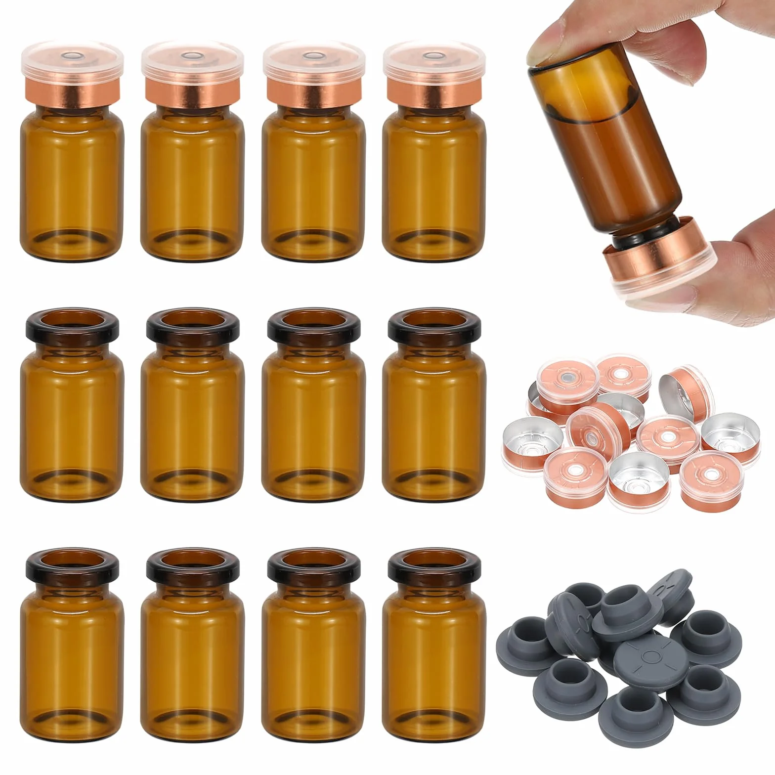 PATIKIL 12pz 7ml Fiale Esemplare in Vetro Borosilicato Ambra con Tappo Plastica Alluminio e Tappo in Gomma per Conservazione Solidi Liquidi Polveri Laboratorio, Tono Oro