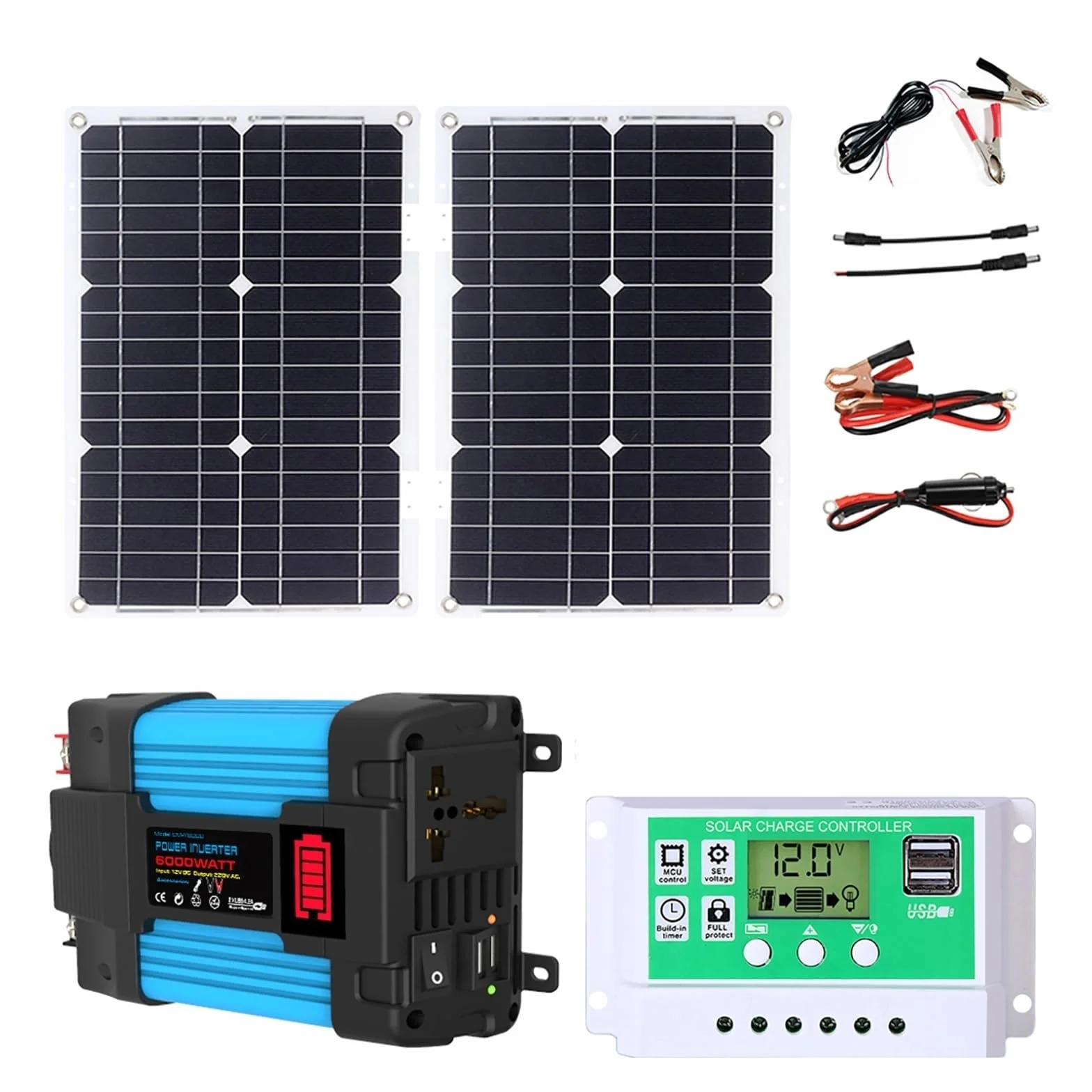 Kit Completo Di Pannelli Solari 4000W 6000W Kit Di Sistema Inverter Solare Con Pannello Fotovoltaico Pieghevole Da 50W E Regolatore Da 50A Sistema Di Rete Domestica Con Generatore Solare(6000W,12V-110