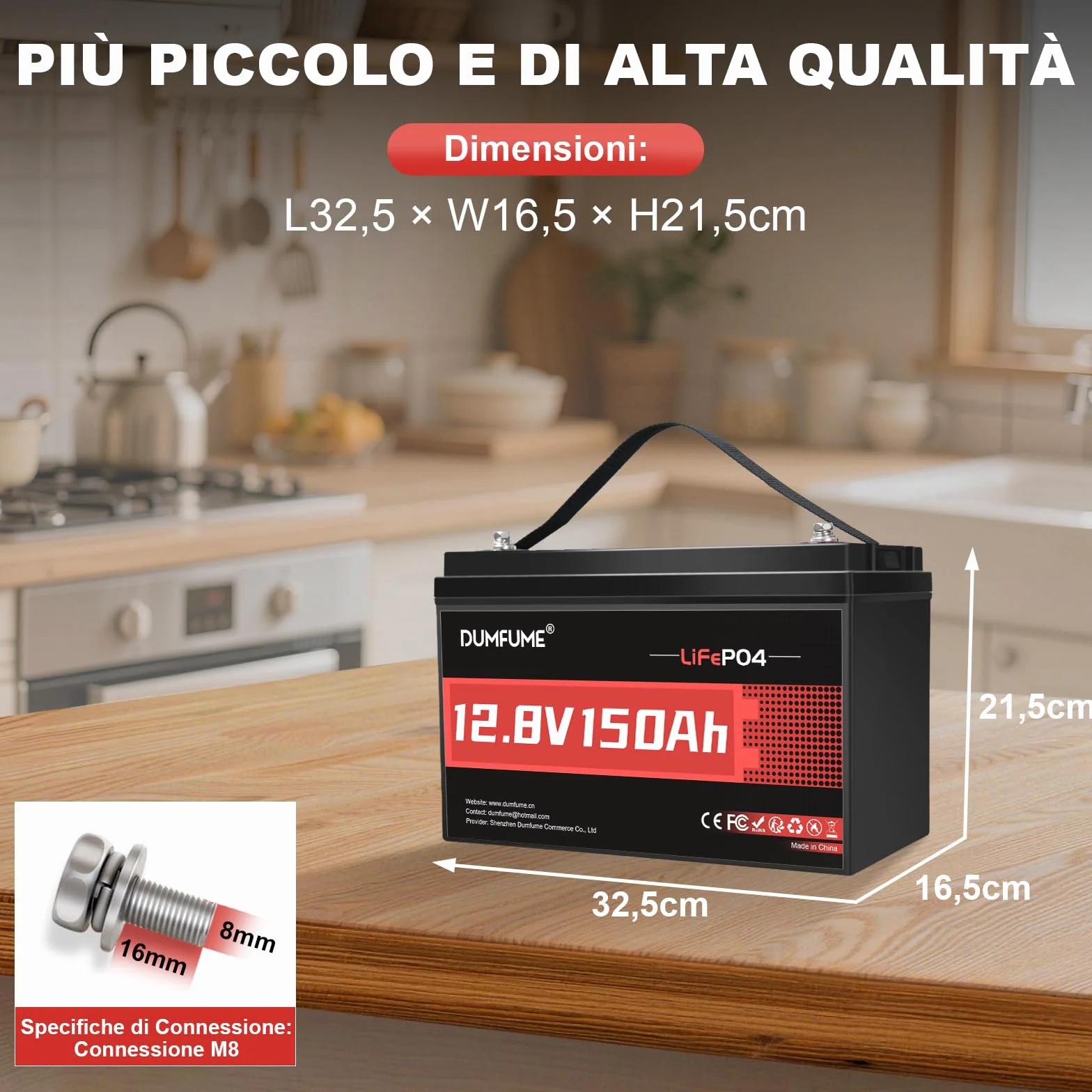 Batteria al Litio LiFePO4 12V 150Ah (1,92 kWh) Per Camper, Impianti Solari, Campeggio, Fotovoltaico, Alimentazione di Emergenza, 6000+ Cicli, Protezione BMS Integrata