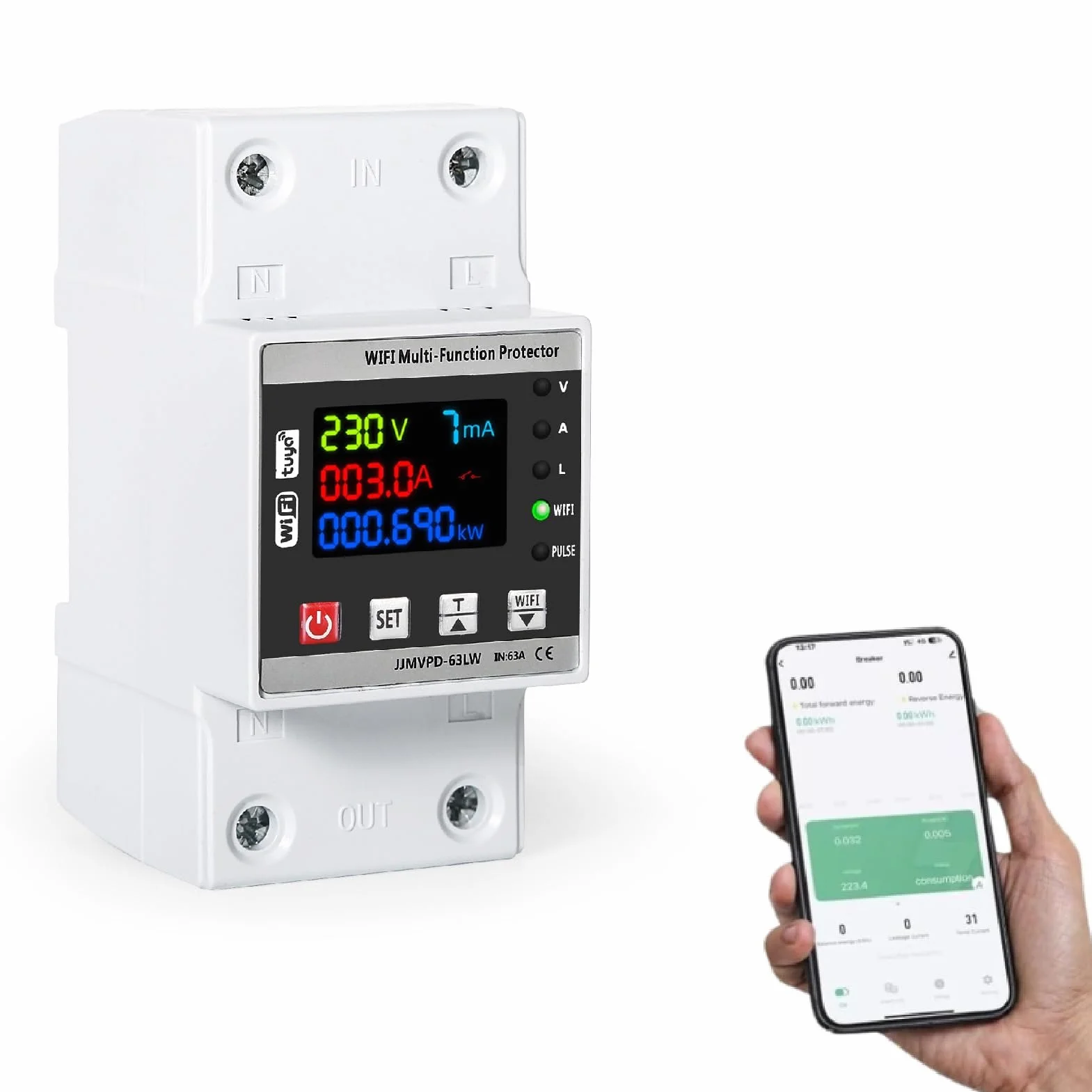 DEWIN Contatore Energia Elettrica WiFi,63A 220V Protettore di Sovratensione e Sottotensione Misuratore Energia Elettrica WiFi Scaricatore di Sovratensione 220V