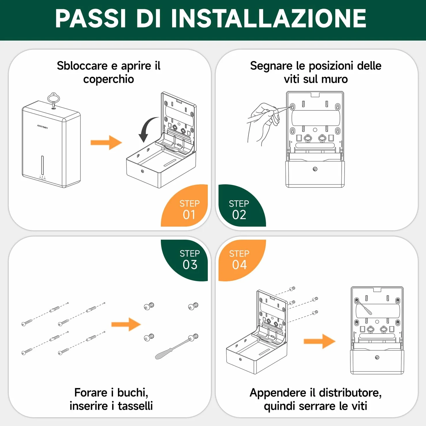 anydry Dispenser Asciugamani di Carta a Parete, Piega H3/V/ZZ, 25,2 x 11,5 cm, Modello 5302H, Argento