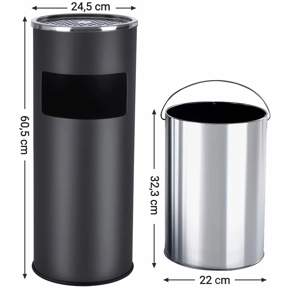 Songmics Pattumiera Portacenere con Secchio Interno Rimovibile, Cestino per Spazzatura in Acciaio, per Ufficio Hotel Giardino ed Esterni, 24.5 x 60.5 cm (Diam. x A), Nero, LTB17C