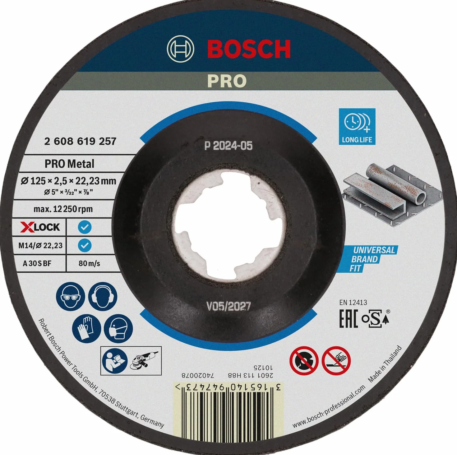 Bosch Professional 2608619257 Mola da Taglio a Centro Depresso, per Metallo, X-Lock, Ø125 mm, Diametro Ø: 22.23 mm, Spessore: 2.5 mm