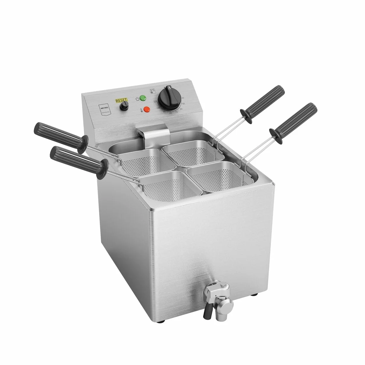 METRO Professional Cuocipasta Elettrico da Banco GNC1008, Acciaio Inox, 8 L, 4 Cestelli, 3150 W, con Rubinetto, Argento