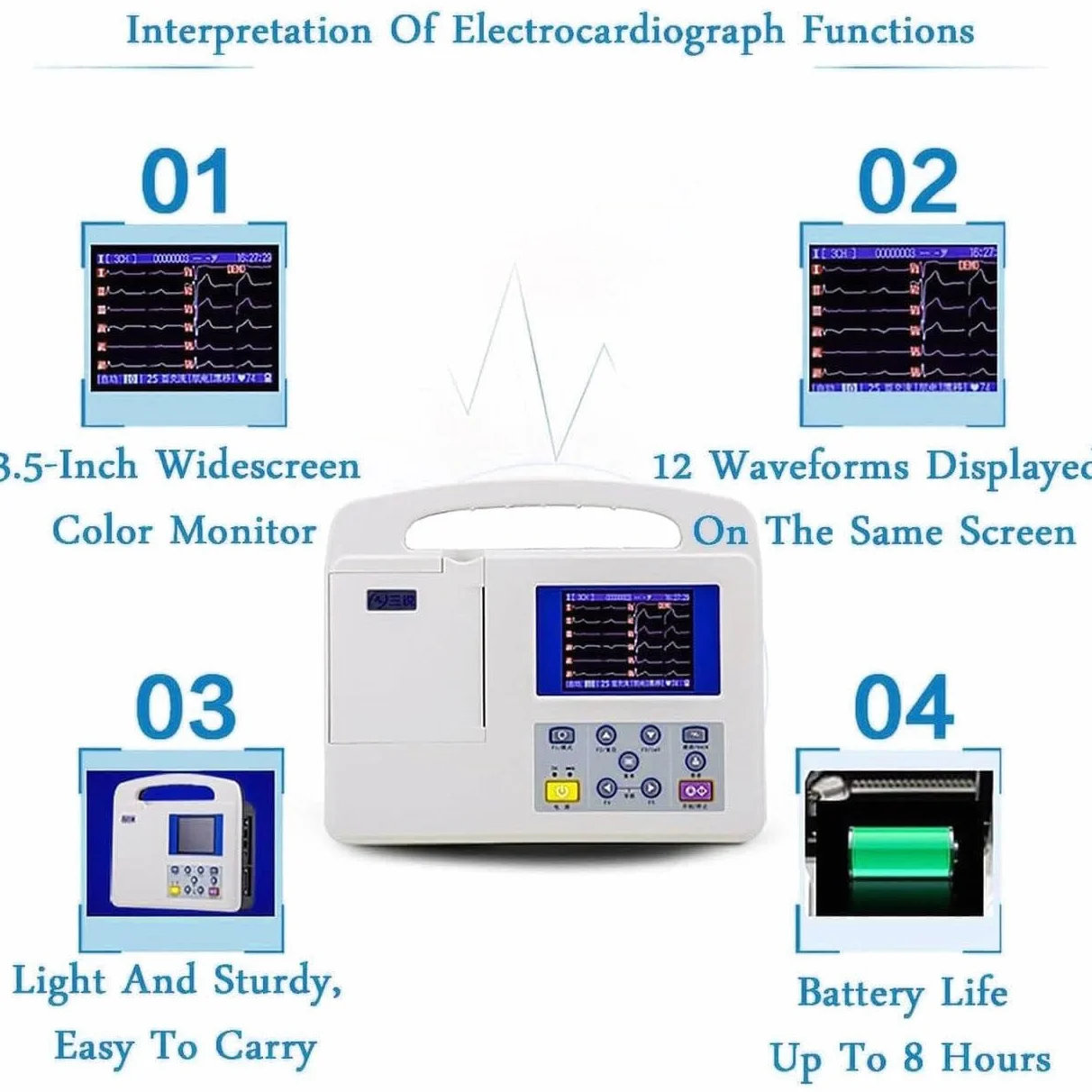 Monitor ECG, ECG digitale LCD professionale a 12 derivazioni e 3 canali con carta da stampa per la cura orale medica, i segni vitali,l'unità di terapia intensiva e la terapia intensiva cardiovascolare